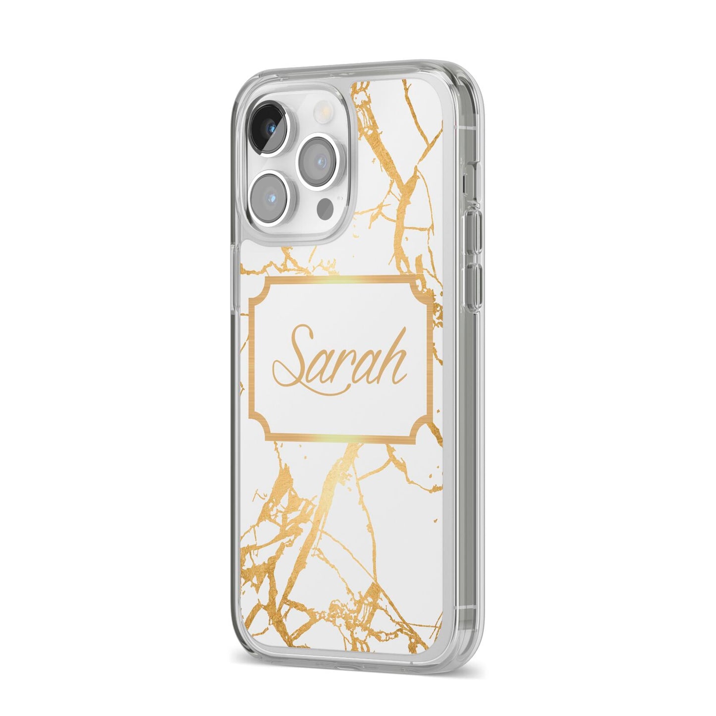Personalised Gold White Marble Name iPhone 14 Pro Max Clear Tough Case Silver Angled Image
