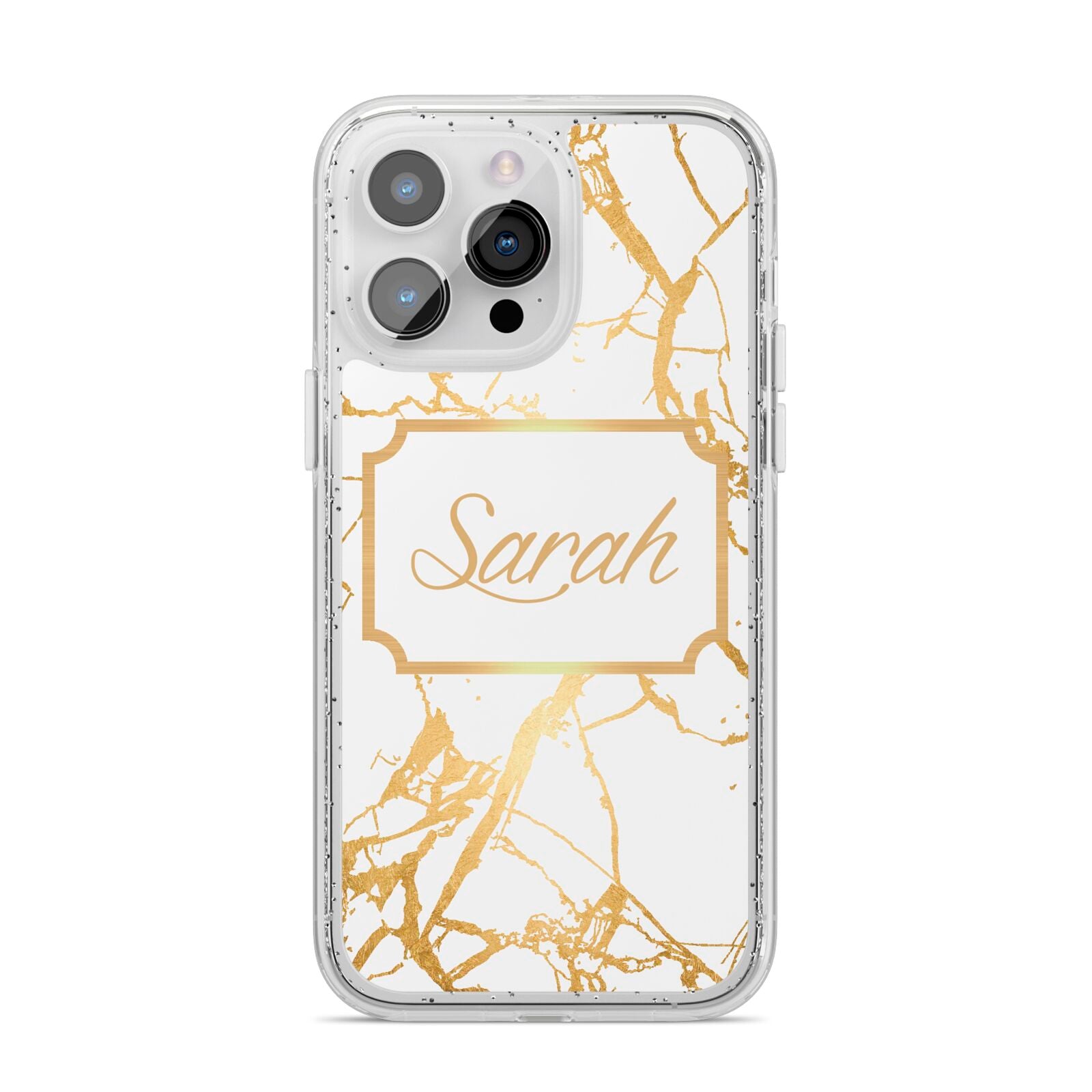 Personalised Gold White Marble Name iPhone 14 Pro Max Glitter Tough Case Silver