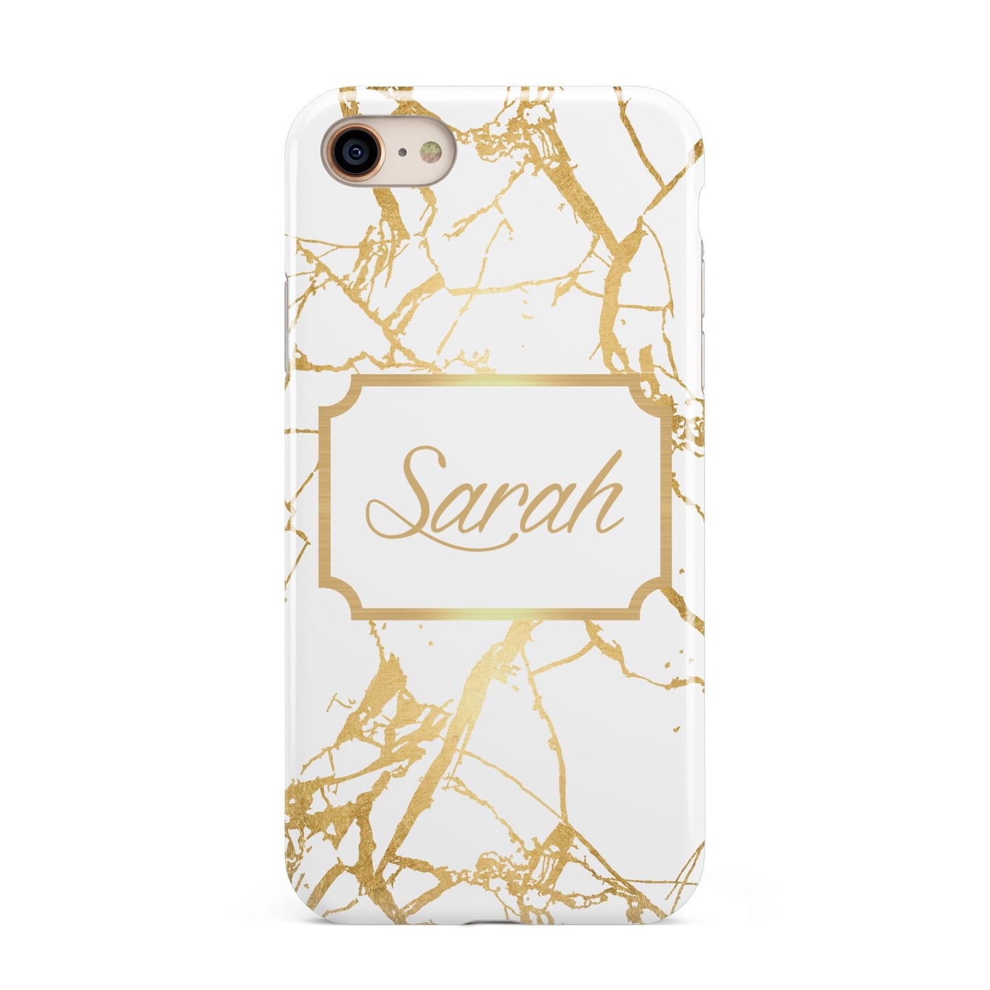 Personalised Gold White Marble Name iPhone 8 3D Tough Case on Gold Phone