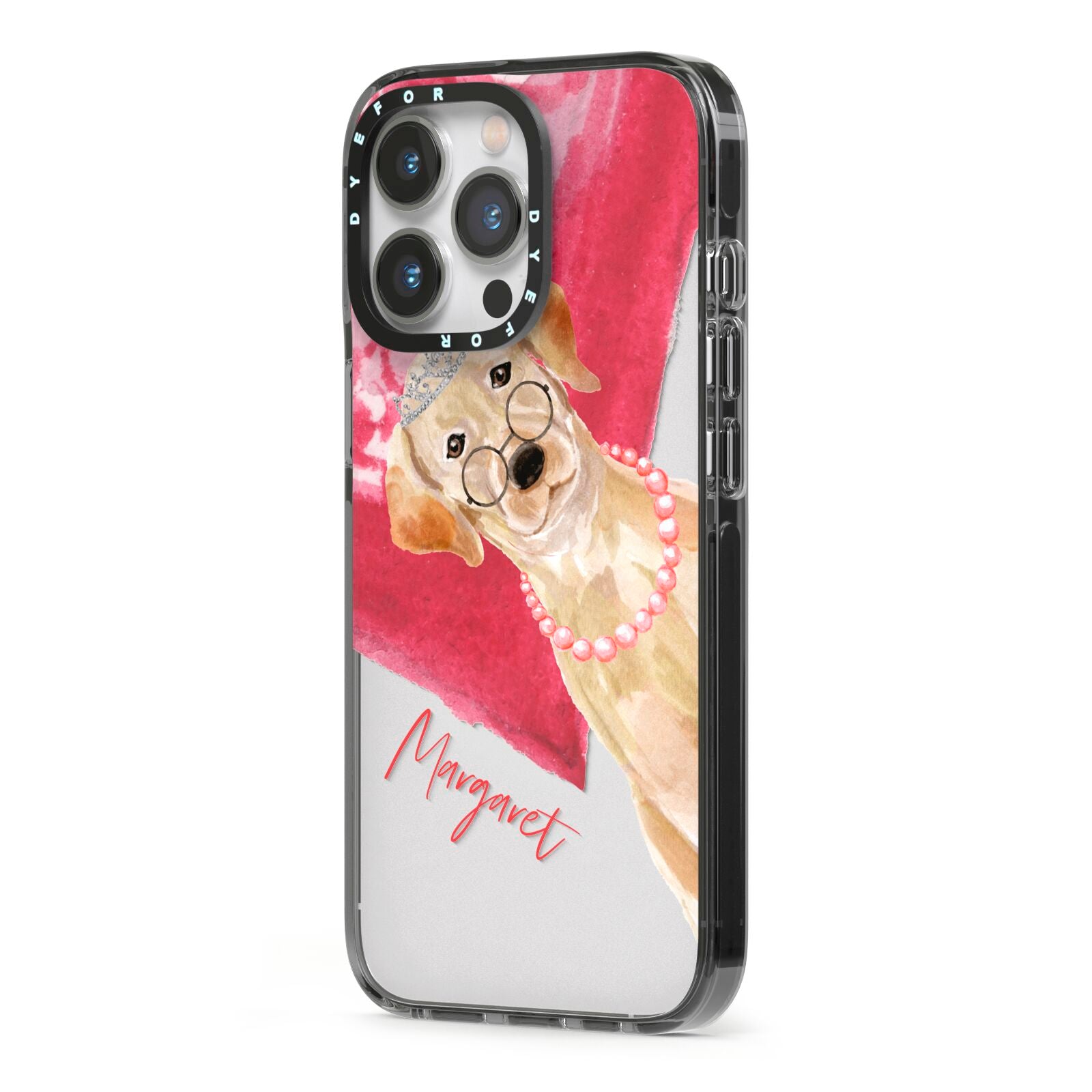 Personalised Golden Labrador iPhone 13 Pro Black Impact Case Side Angle on Silver phone