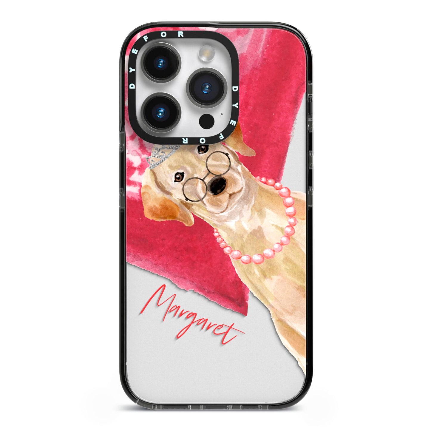 Personalised Golden Labrador iPhone 14 Pro Black Impact Case on Silver phone