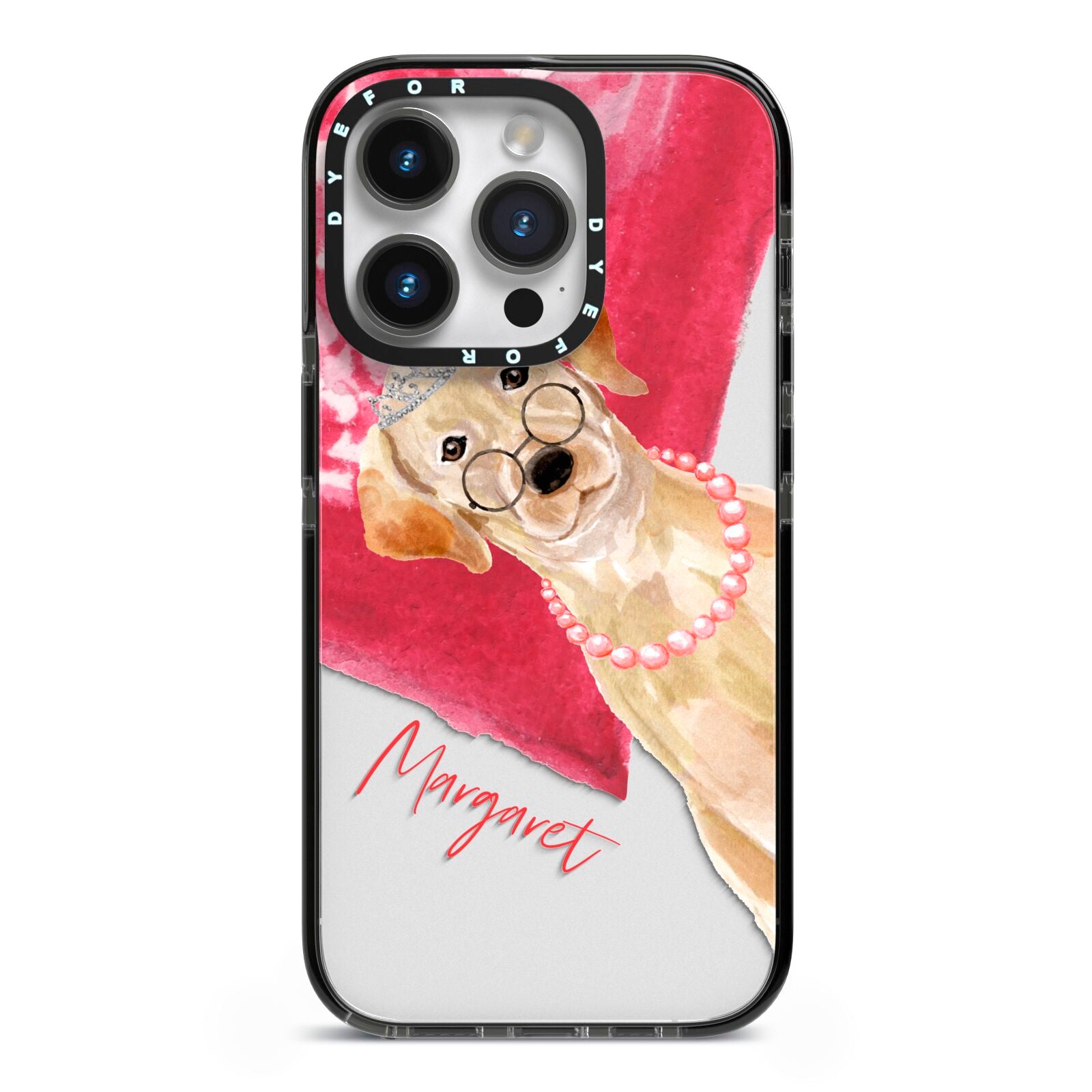 Personalised Golden Labrador iPhone 14 Pro Black Impact Case on Silver phone