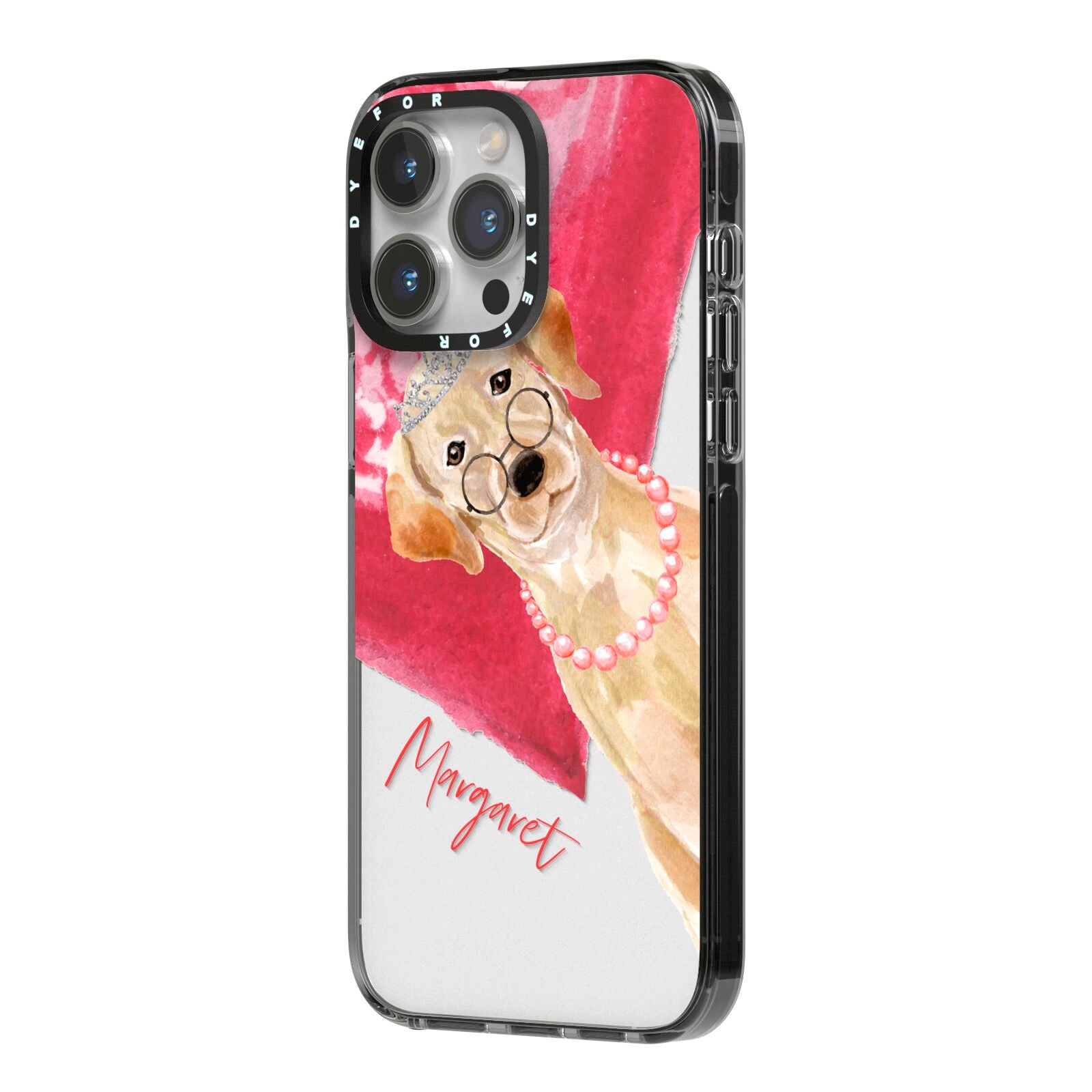 Personalised Golden Labrador iPhone 14 Pro Max Black Impact Case Side Angle on Silver phone