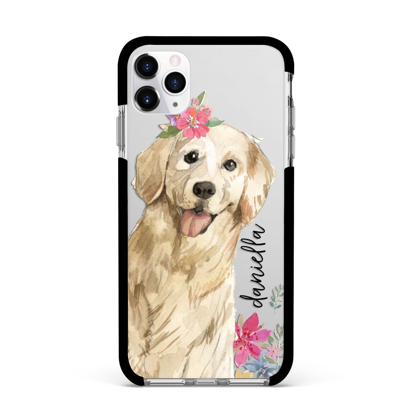 Personalised Golden Retriever Dog Apple iPhone 11 Pro Max in Silver with Black Impact Case