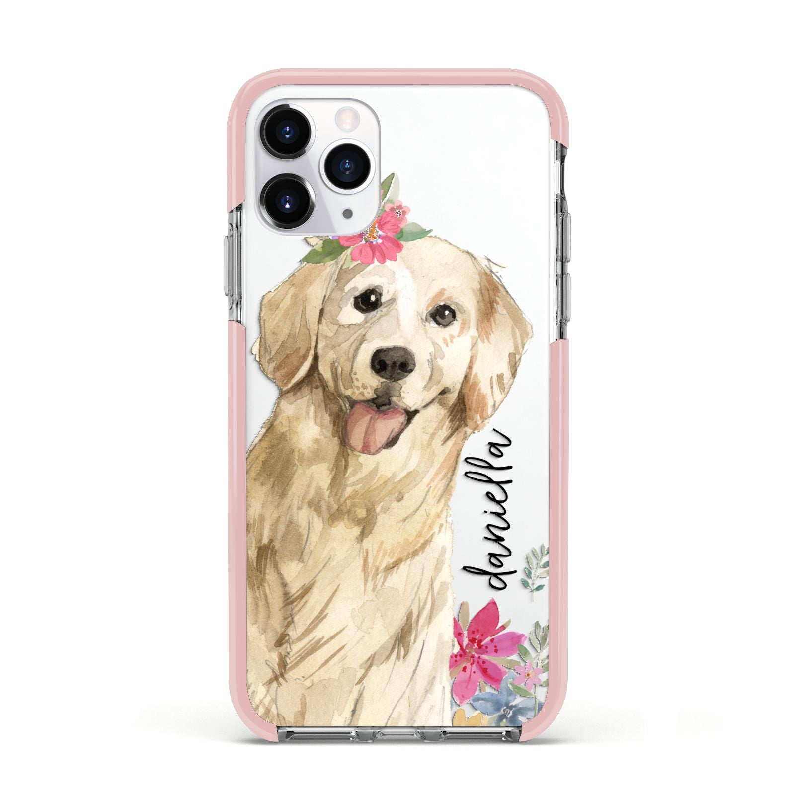 Personalised Golden Retriever Dog Apple iPhone 11 Pro in Silver with Pink Impact Case