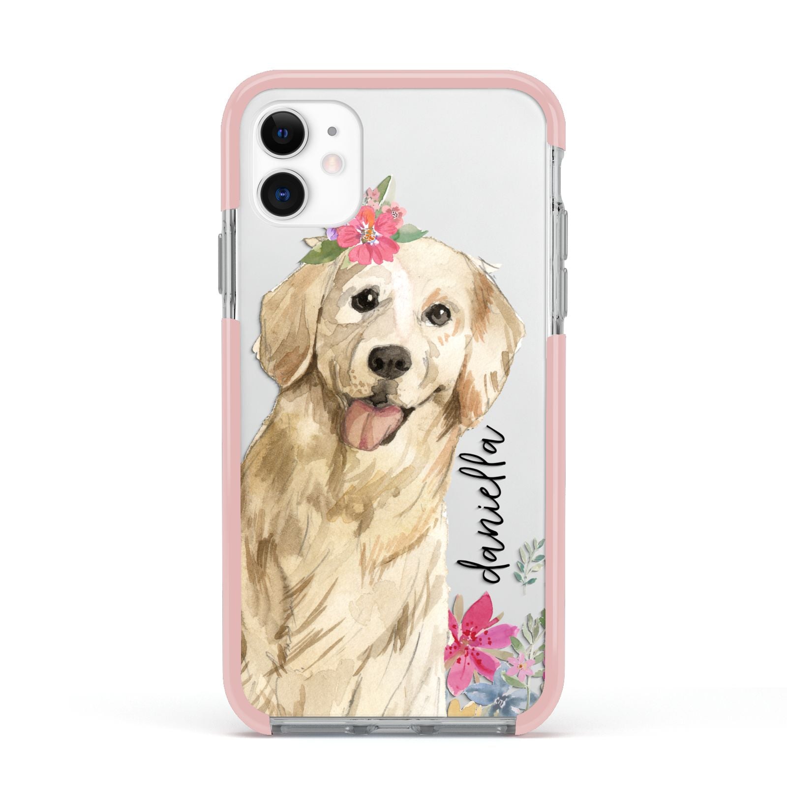 Personalised Golden Retriever Dog Apple iPhone 11 in White with Pink Impact Case