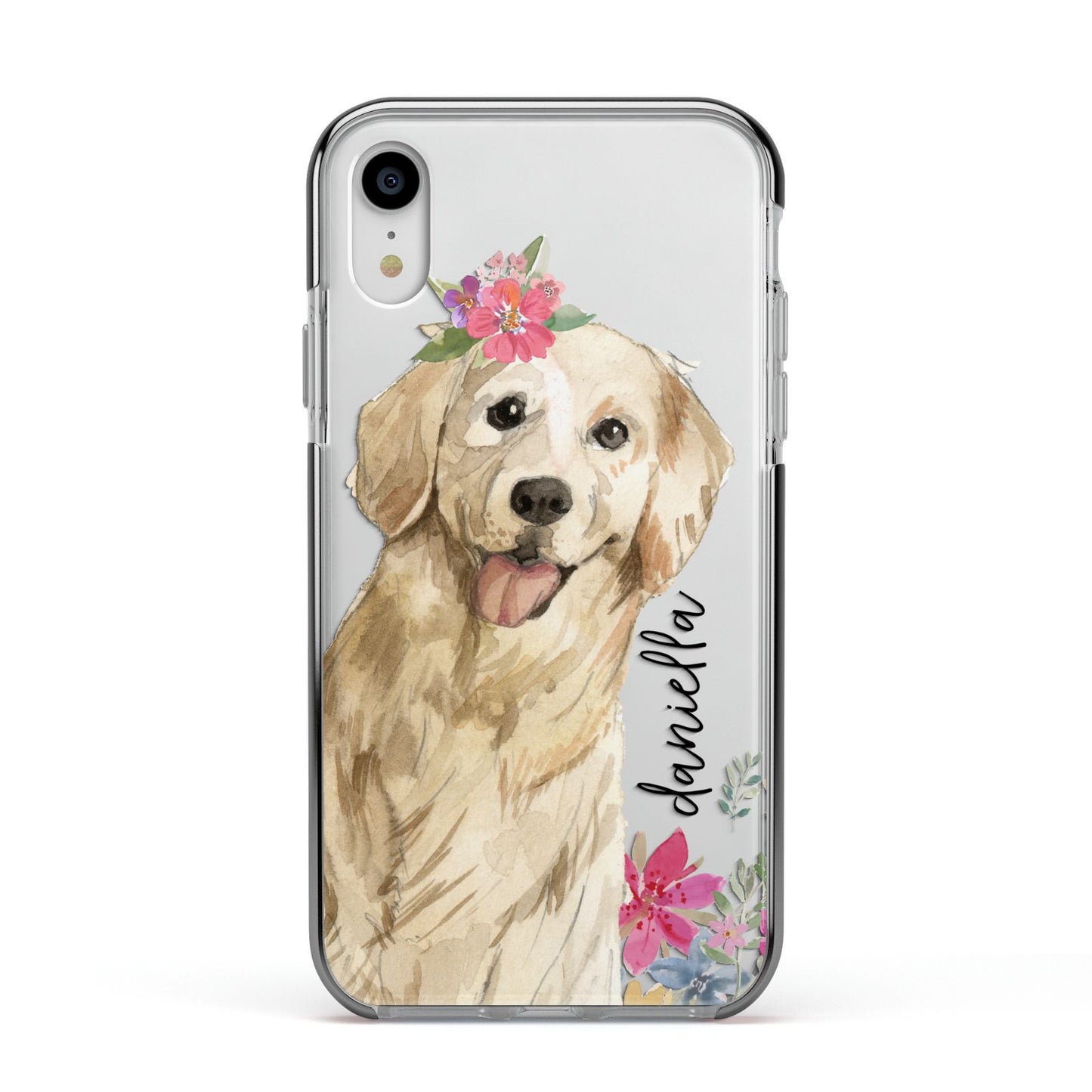 Personalised Golden Retriever Dog Apple iPhone XR Impact Case Black Edge on Silver Phone