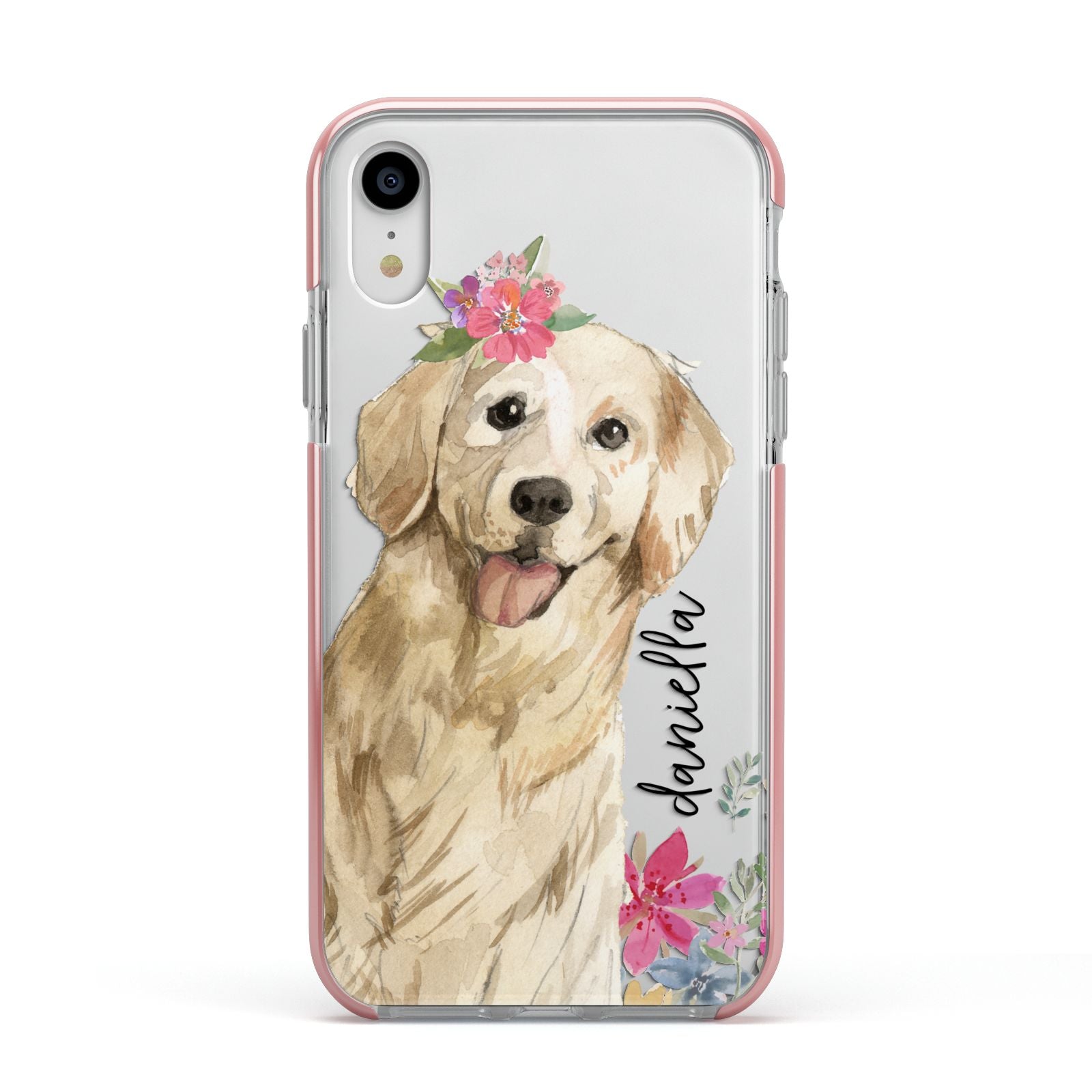 Personalised Golden Retriever Dog Apple iPhone XR Impact Case Pink Edge on Silver Phone