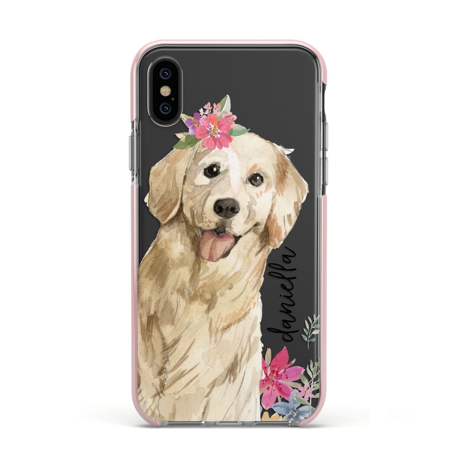 Personalised Golden Retriever Dog Apple iPhone Xs Impact Case Pink Edge on Black Phone