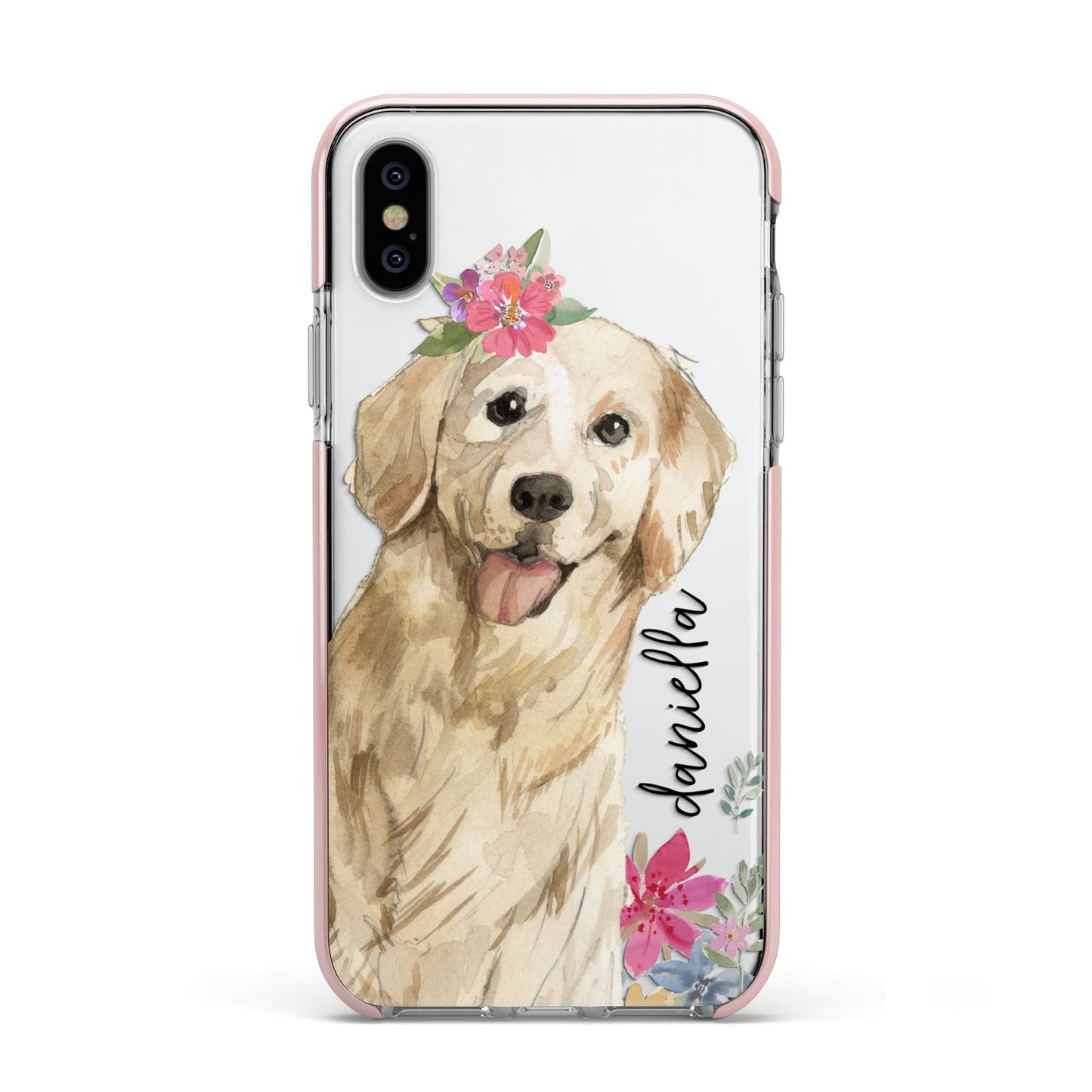 Personalised Golden Retriever Dog Apple iPhone Xs Impact Case Pink Edge on Silver Phone