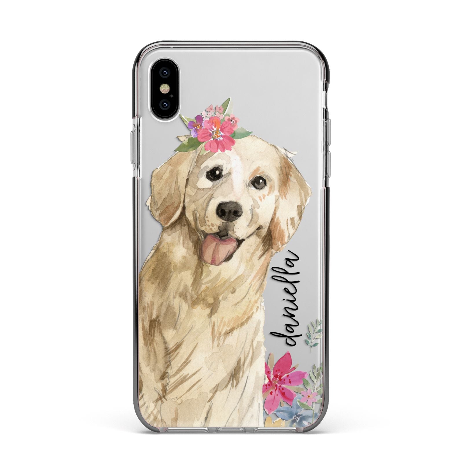 Personalised Golden Retriever Dog Apple iPhone Xs Max Impact Case Black Edge on Silver Phone