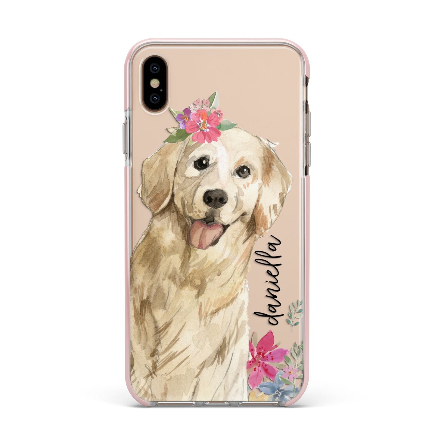 Personalised Golden Retriever Dog Apple iPhone Xs Max Impact Case Pink Edge on Gold Phone
