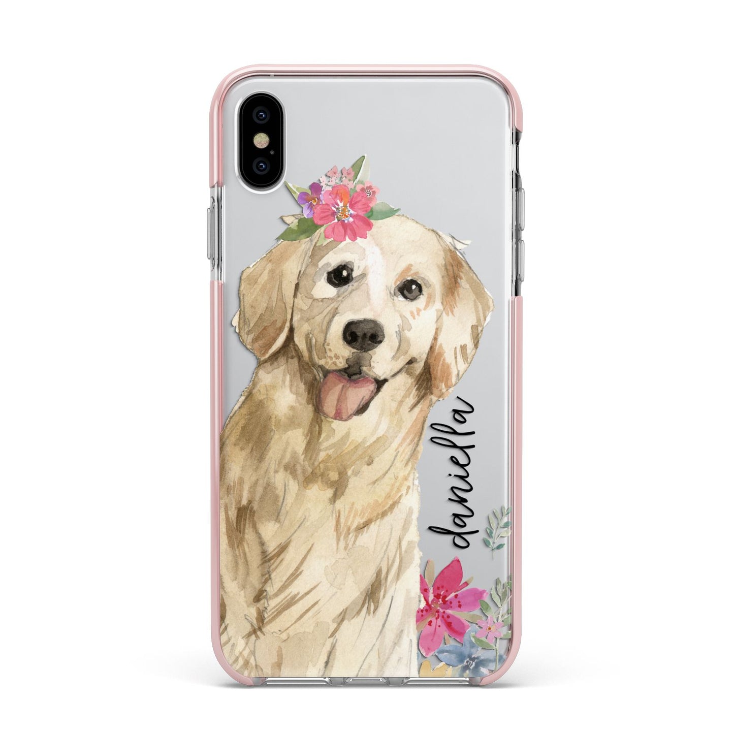 Personalised Golden Retriever Dog Apple iPhone Xs Max Impact Case Pink Edge on Silver Phone