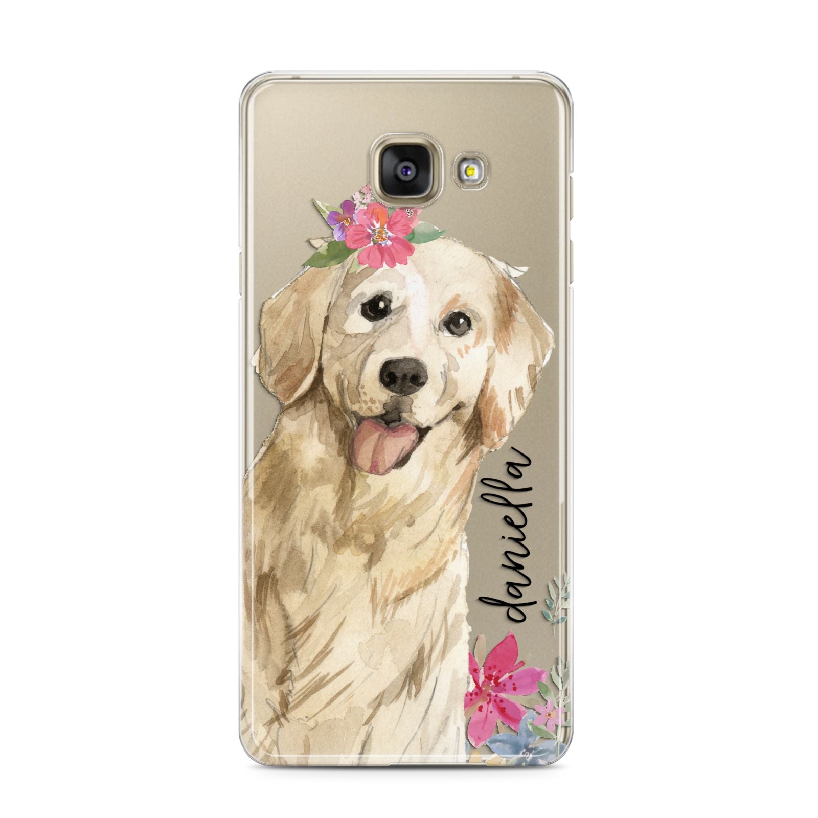 Personalised Golden Retriever Dog Samsung Galaxy A3 2016 Case on gold phone