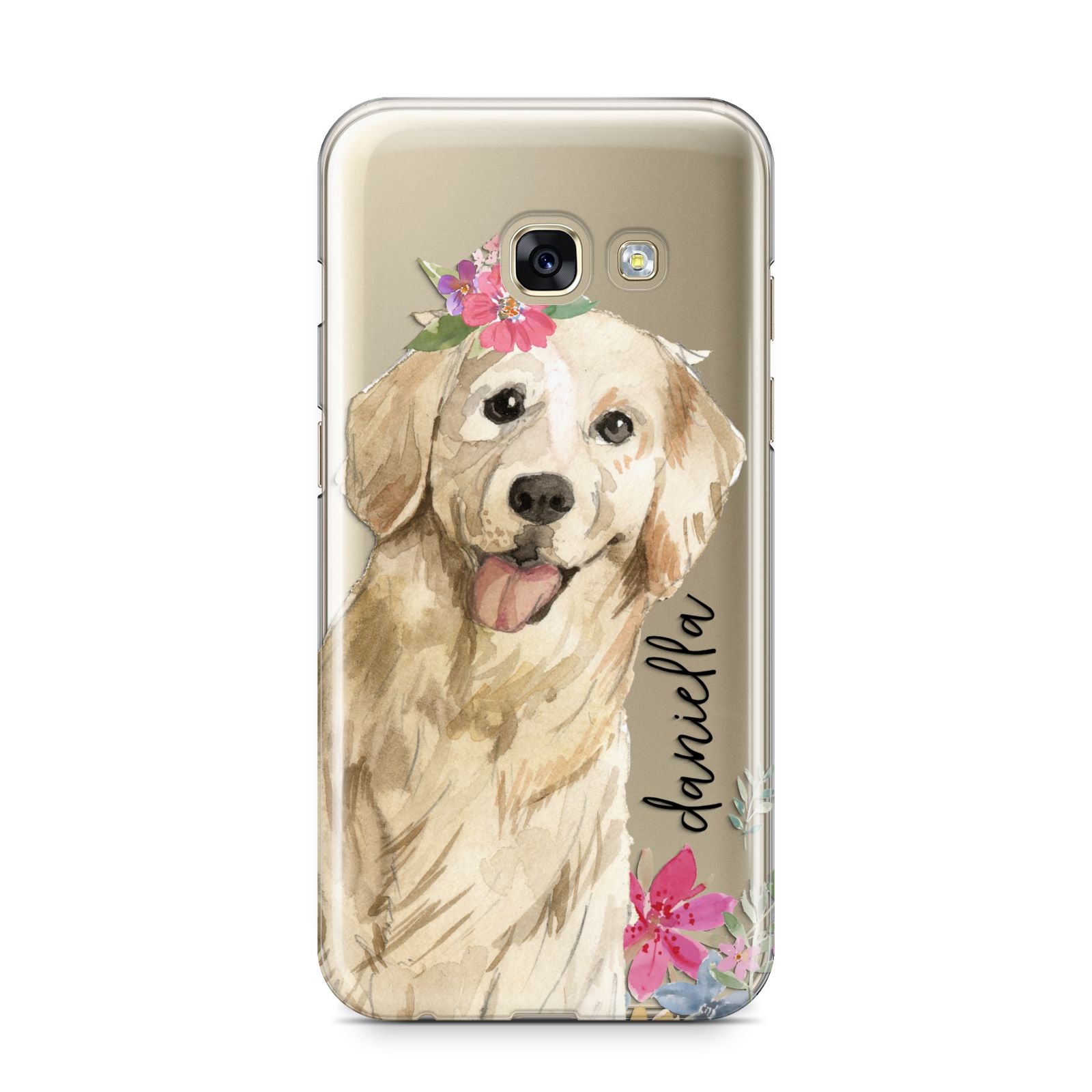 Personalised Golden Retriever Dog Samsung Galaxy A3 2017 Case on gold phone