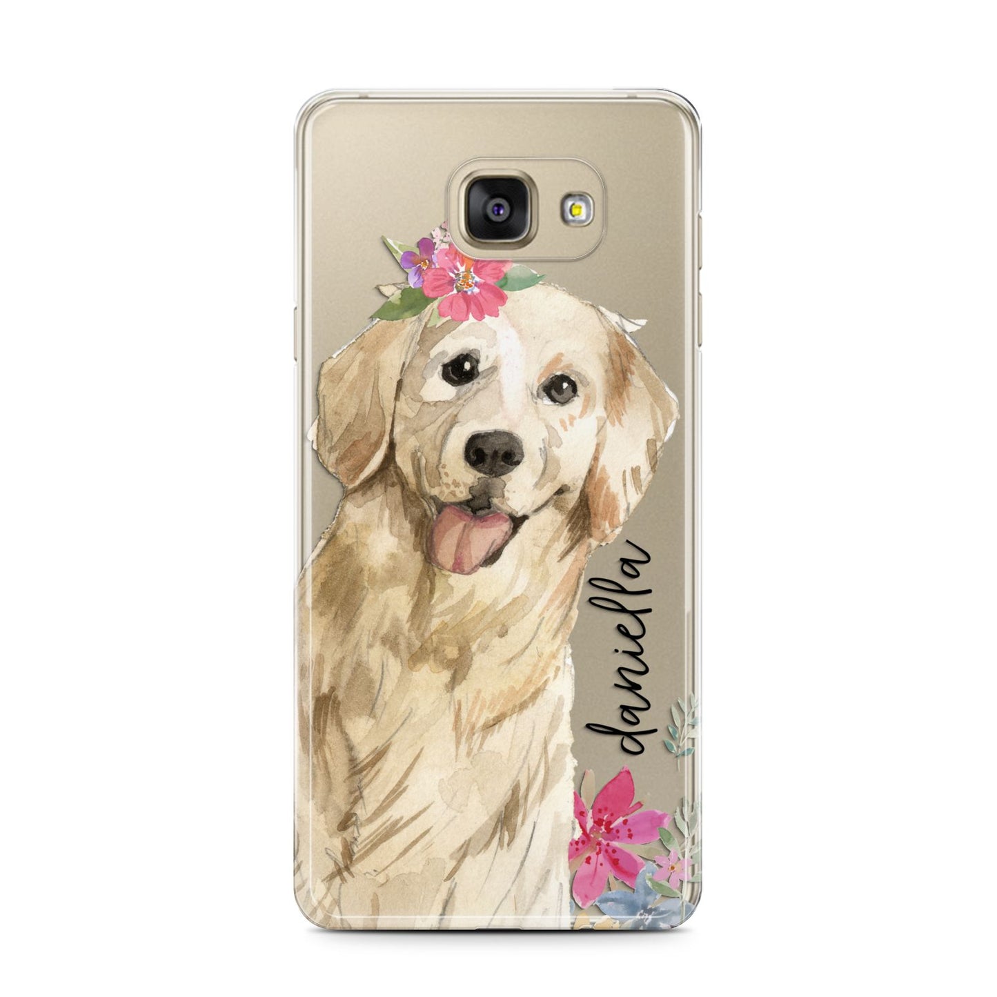 Personalised Golden Retriever Dog Samsung Galaxy A7 2016 Case on gold phone