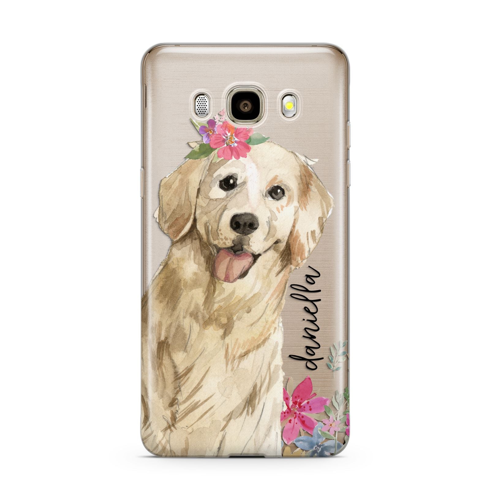 Personalised Golden Retriever Dog Samsung Galaxy J7 2016 Case on gold phone