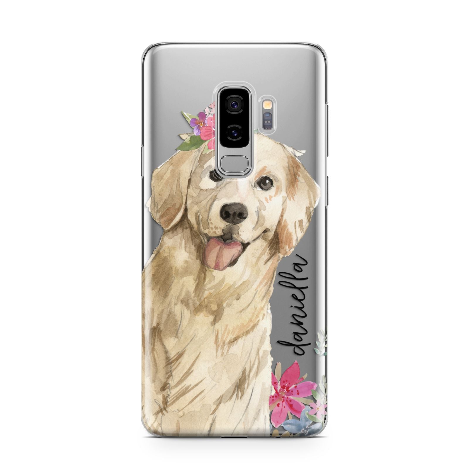 Personalised Golden Retriever Dog Samsung Galaxy S9 Plus Case on Silver phone