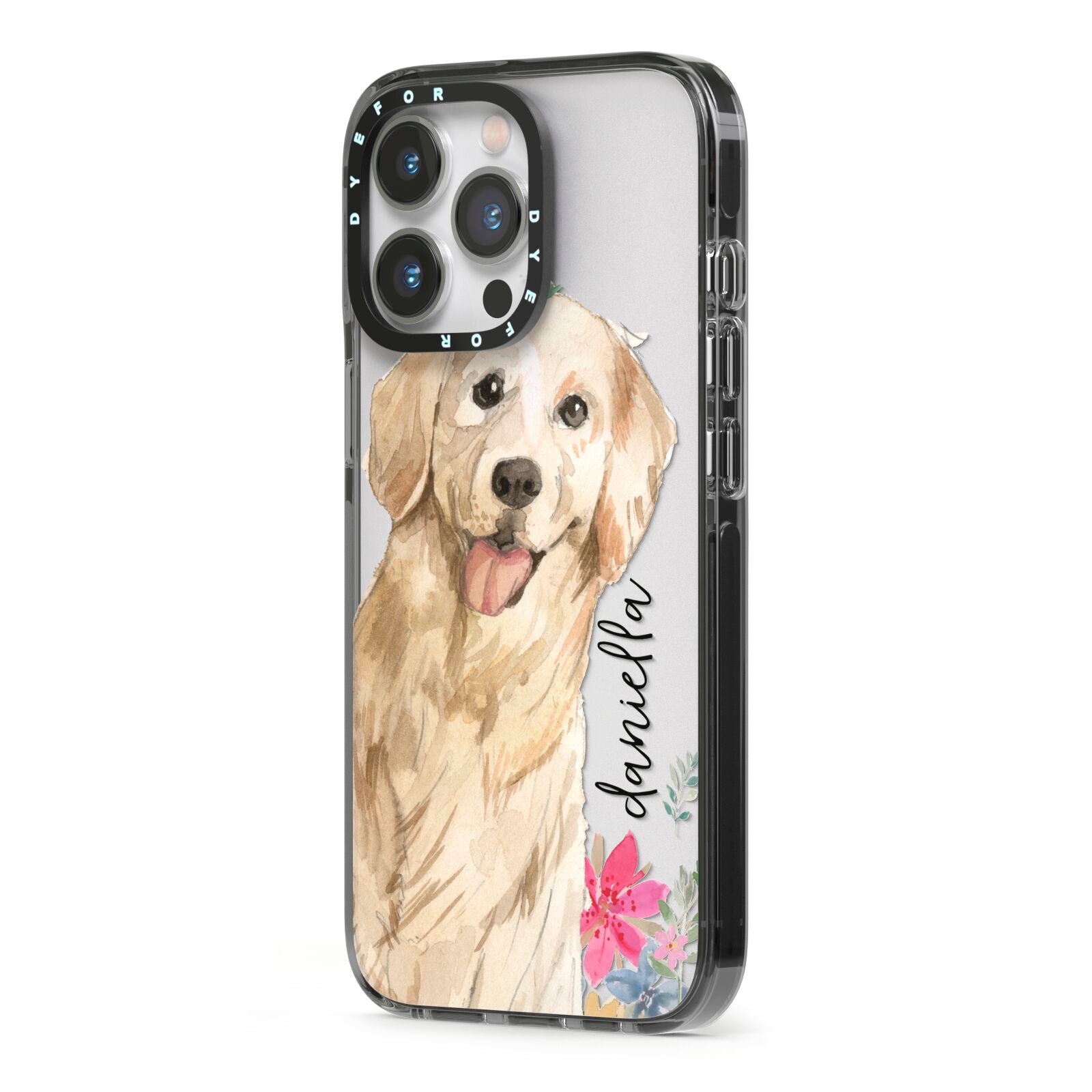 Personalised Golden Retriever Dog iPhone 13 Pro Black Impact Case Side Angle on Silver phone