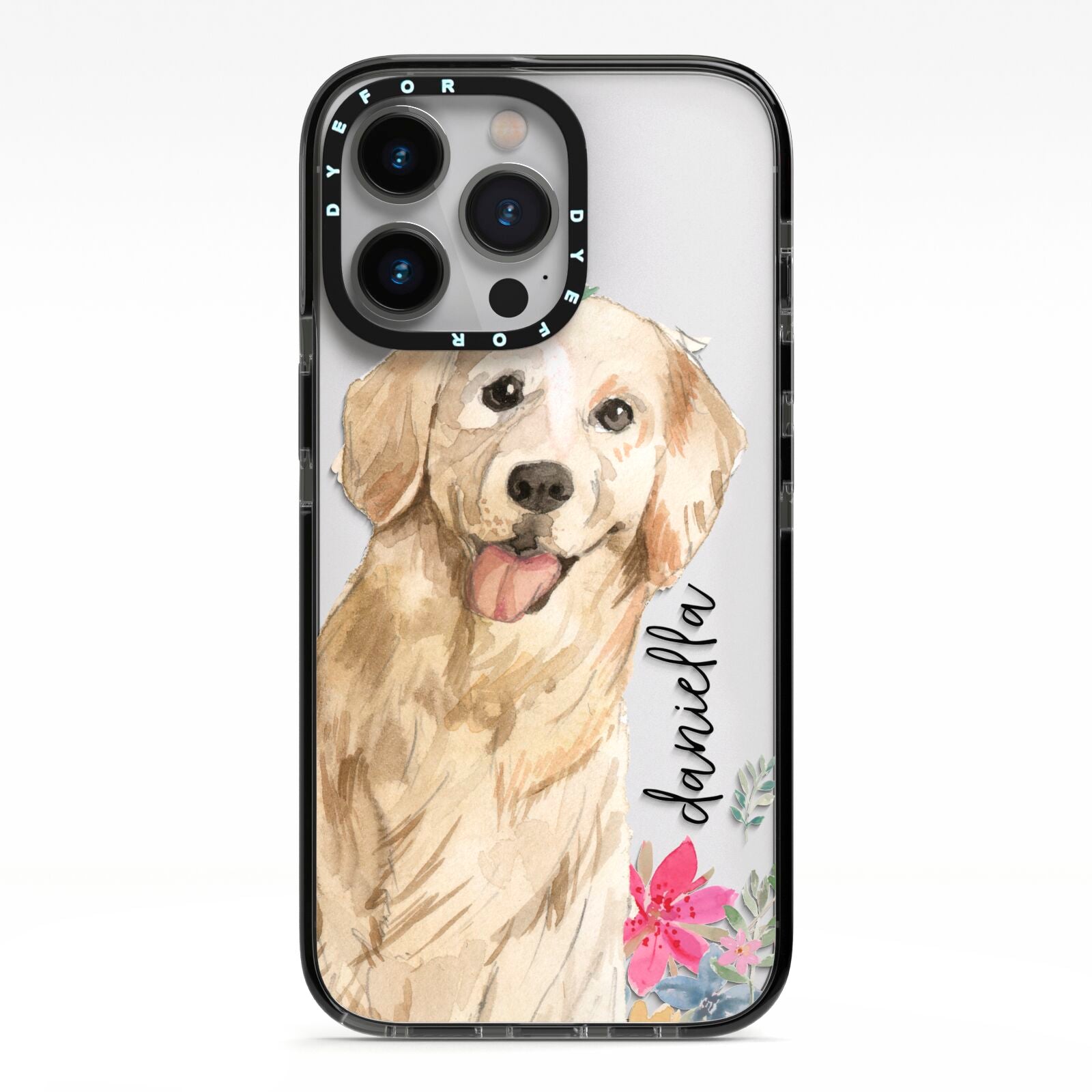 Personalised Golden Retriever Dog iPhone 13 Pro Black Impact Case on Silver phone