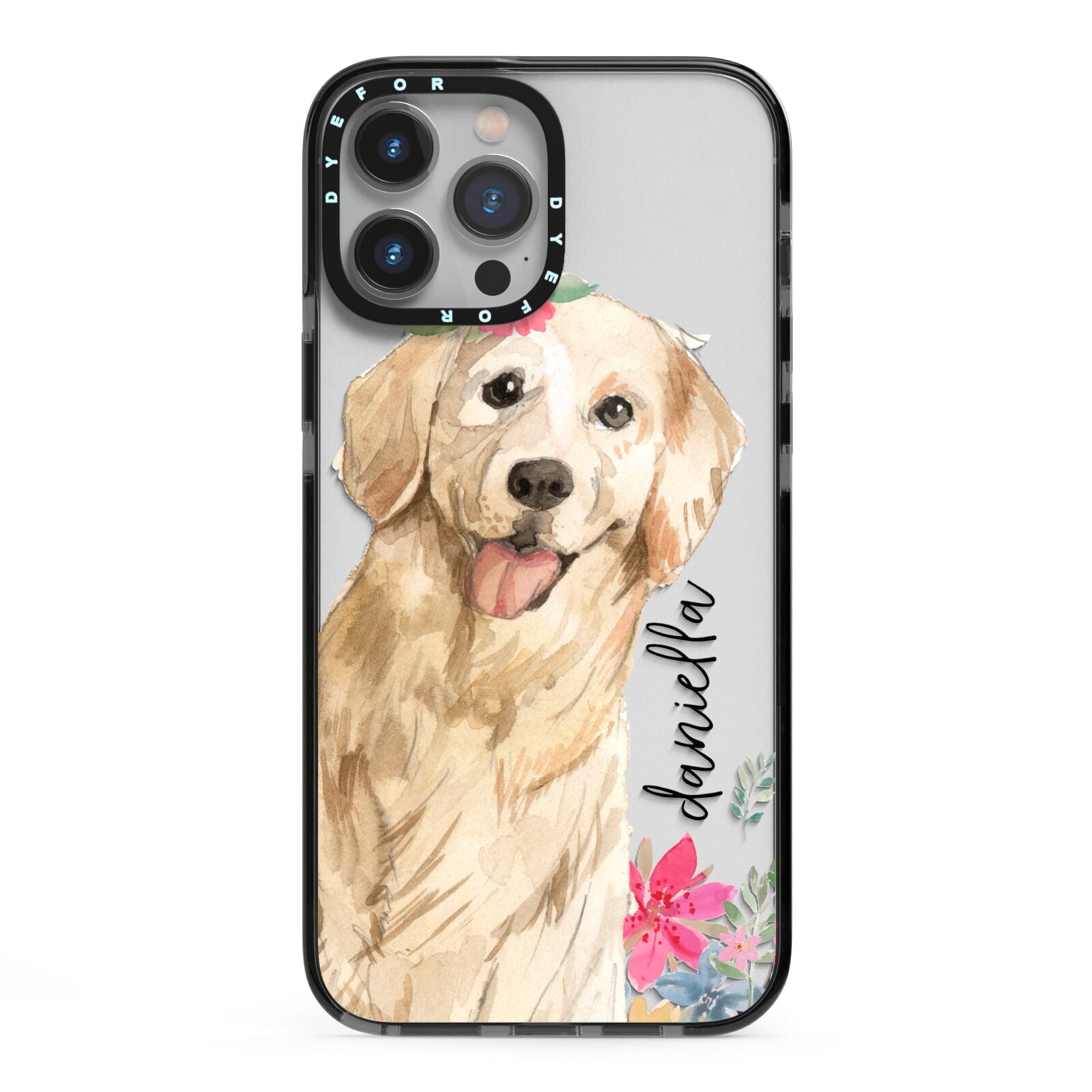 Personalised Golden Retriever Dog iPhone 13 Pro Max Black Impact Case on Silver phone