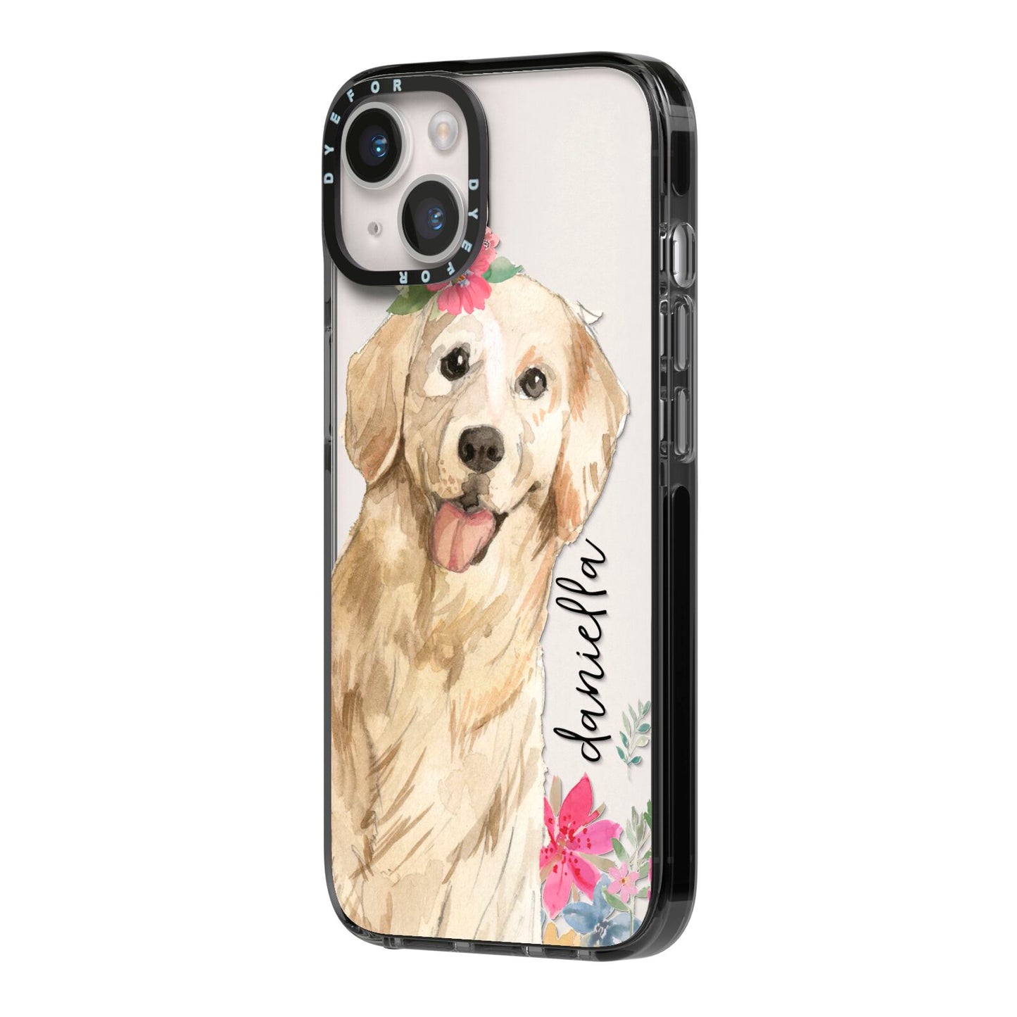 Personalised Golden Retriever Dog iPhone 14 Black Impact Case Side Angle on Silver phone