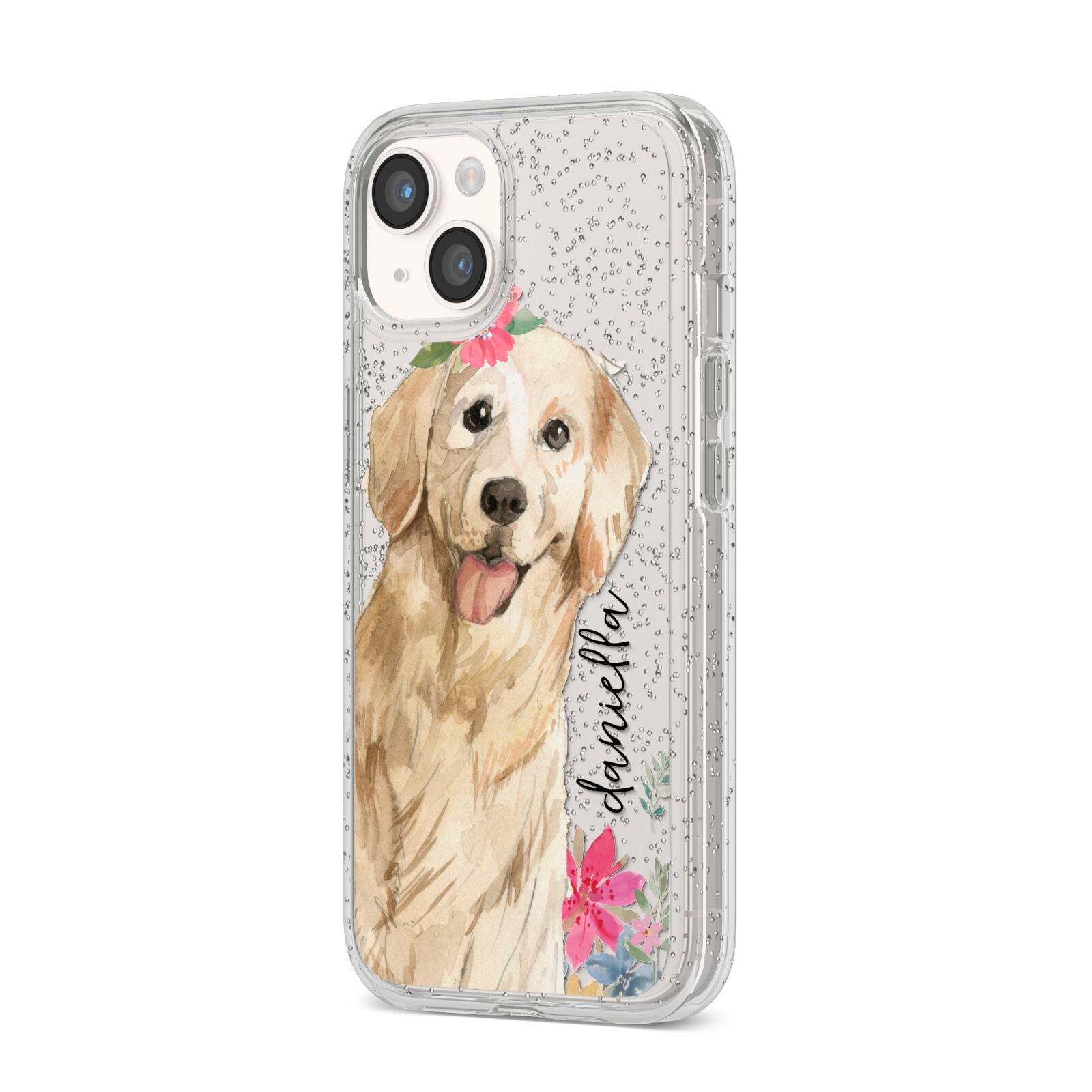Personalised Golden Retriever Dog iPhone 14 Glitter Tough Case Starlight Angled Image