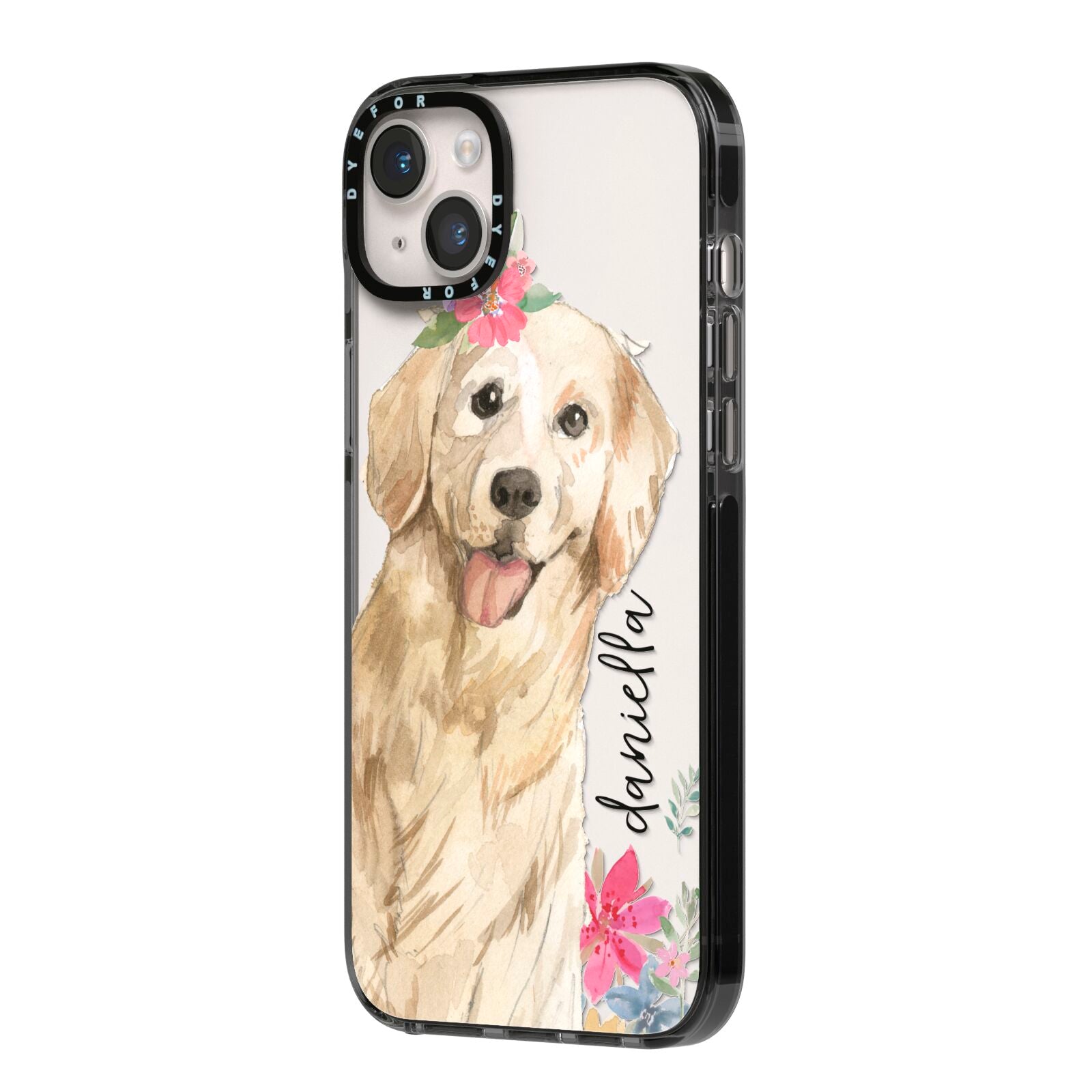 Personalised Golden Retriever Dog iPhone 14 Plus Black Impact Case Side Angle on Silver phone