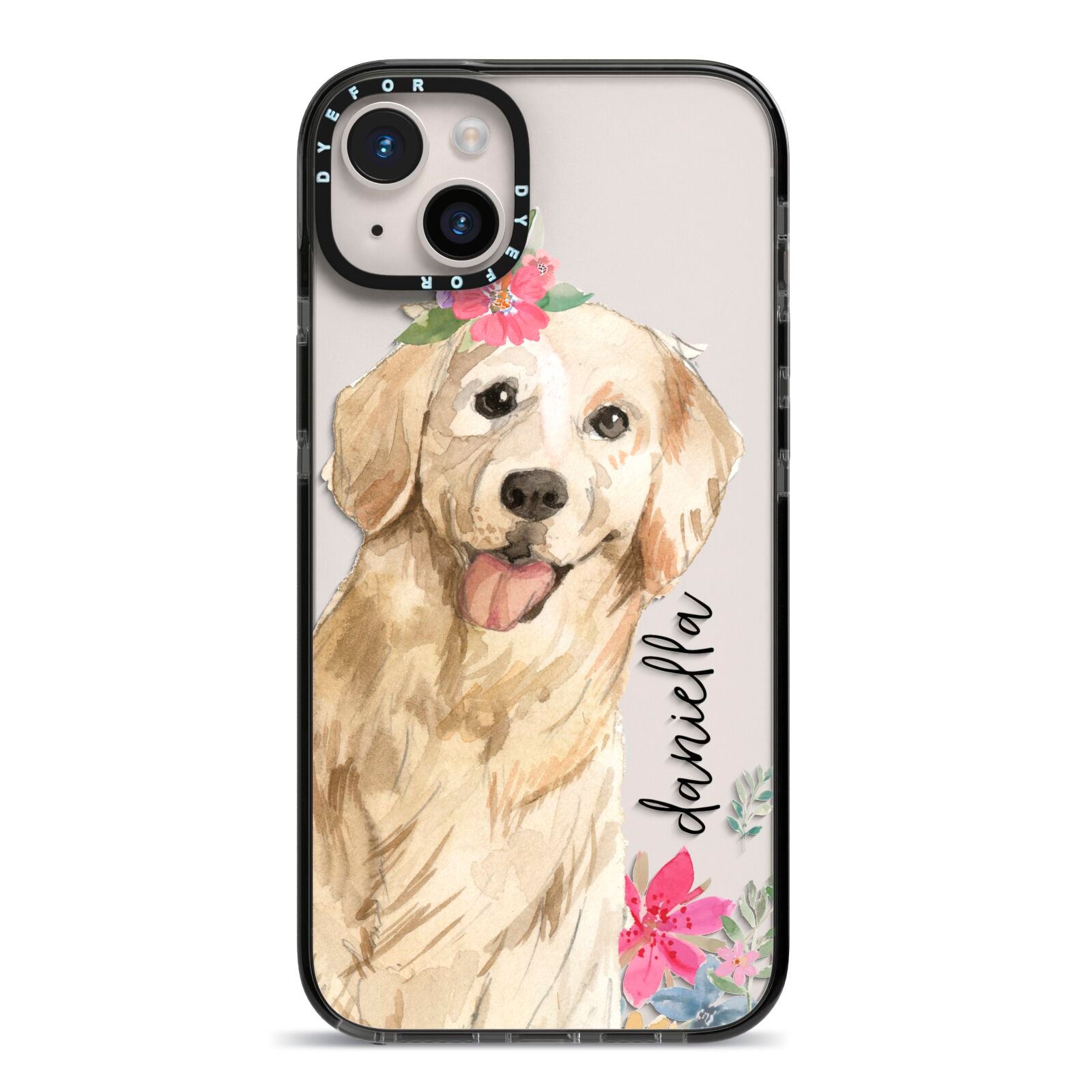 Personalised Golden Retriever Dog iPhone 14 Plus Black Impact Case on Silver phone