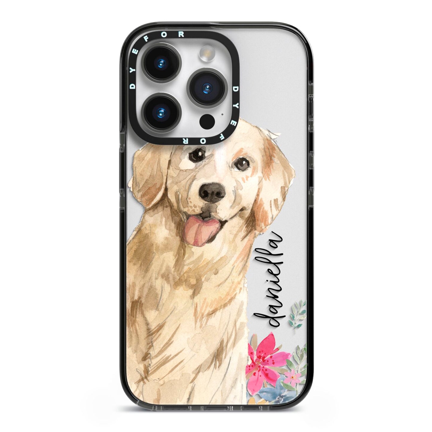 Personalised Golden Retriever Dog iPhone 14 Pro Black Impact Case on Silver phone