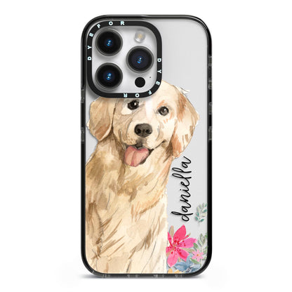 Personalised Golden Retriever Dog iPhone 14 Pro Black Impact Case on Silver phone