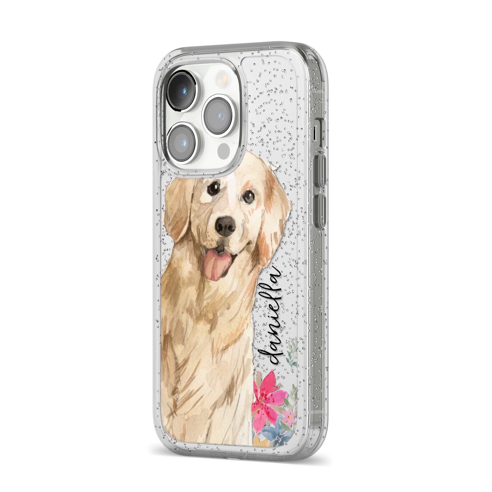 Personalised Golden Retriever Dog iPhone 14 Pro Glitter Tough Case Silver Angled Image