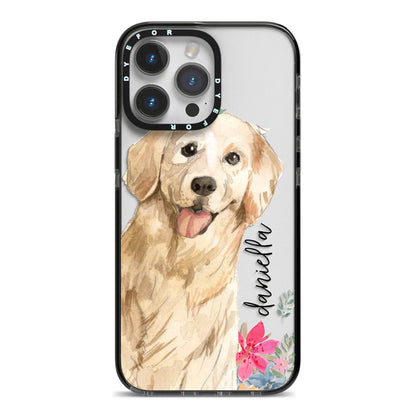 Personalised Golden Retriever Dog iPhone 14 Pro Max Black Impact Case on Silver phone