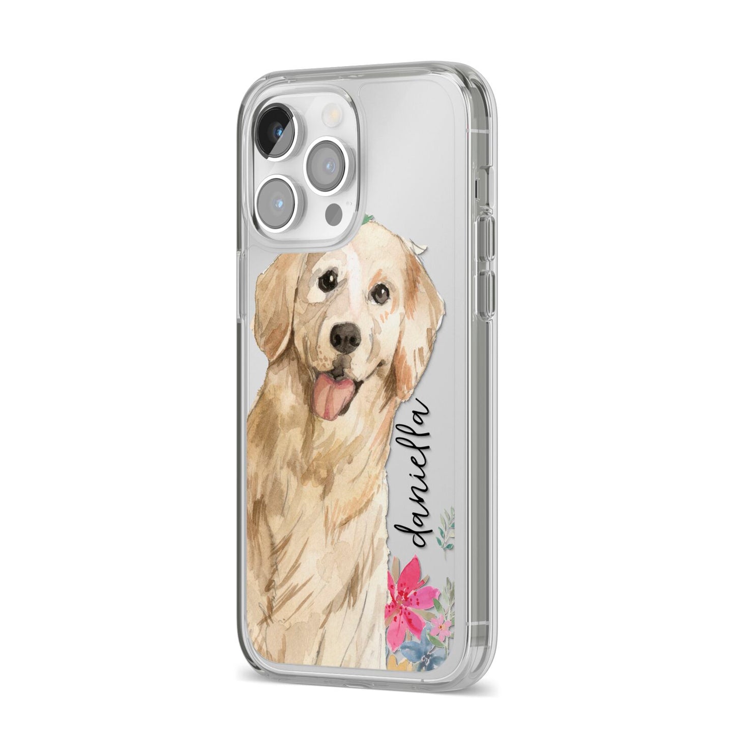Personalised Golden Retriever Dog iPhone 14 Pro Max Clear Tough Case Silver Angled Image