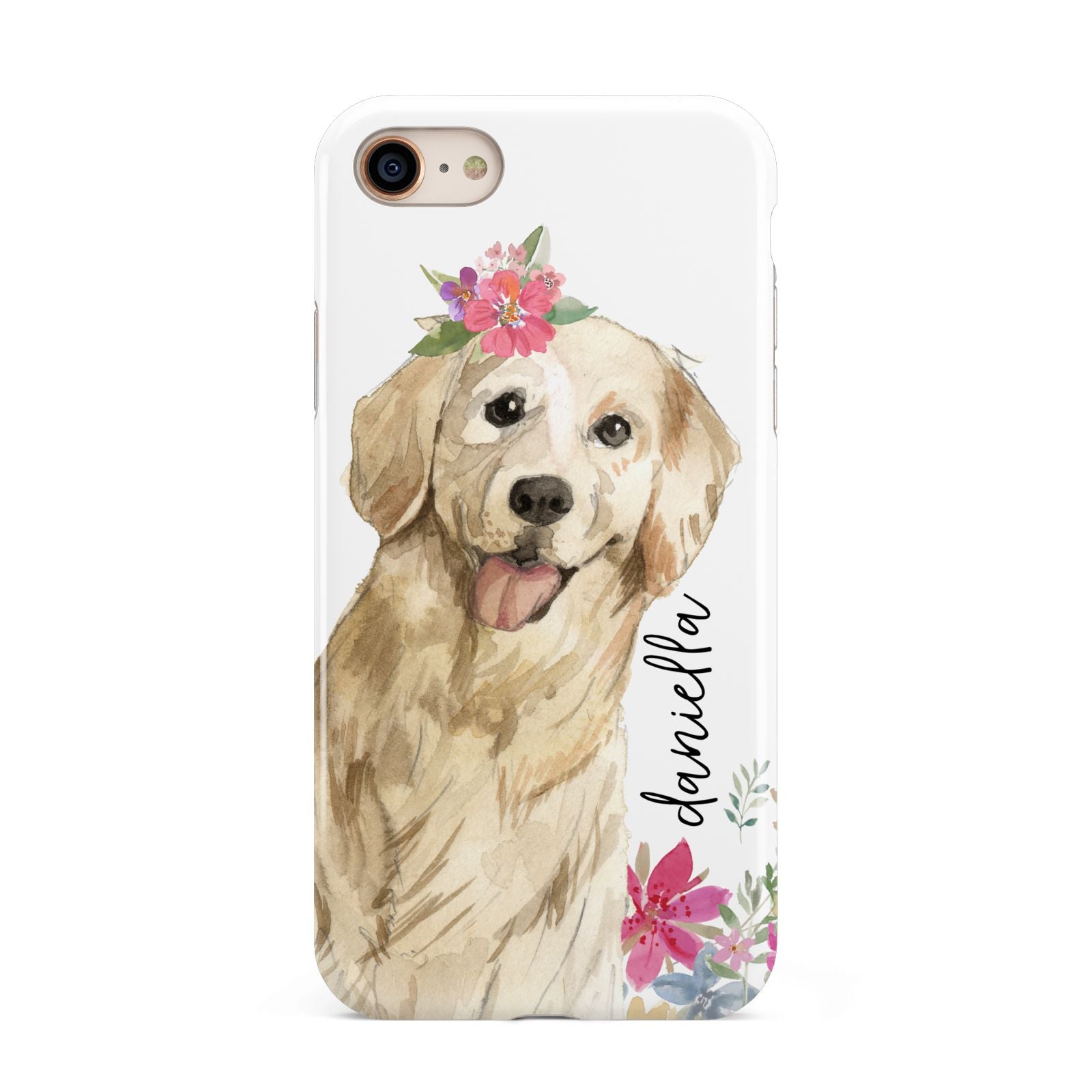 Personalised Golden Retriever Dog iPhone 8 3D Tough Case on Gold Phone