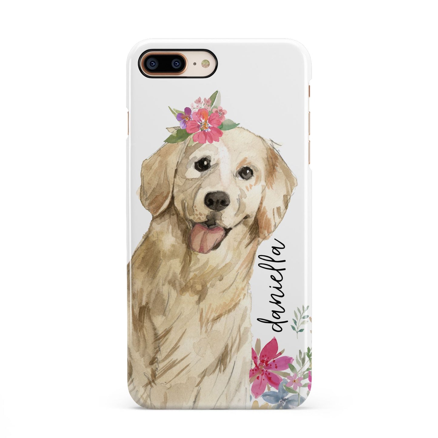 Personalised Golden Retriever Dog iPhone 8 Plus 3D Snap Case on Gold Phone