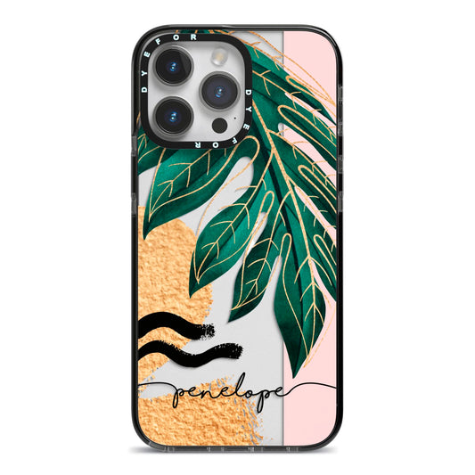 Personalised Golden Tropics iPhone 14 Pro Max Black Impact Case on Silver phone