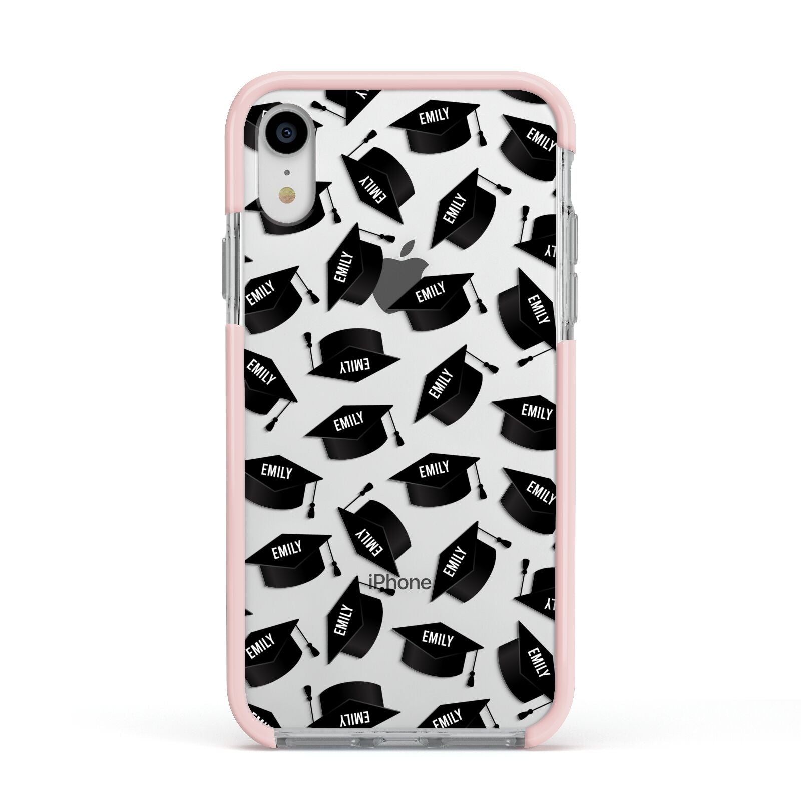 Personalised Graduation Apple iPhone XR Impact Case Pink Edge on Silver Phone