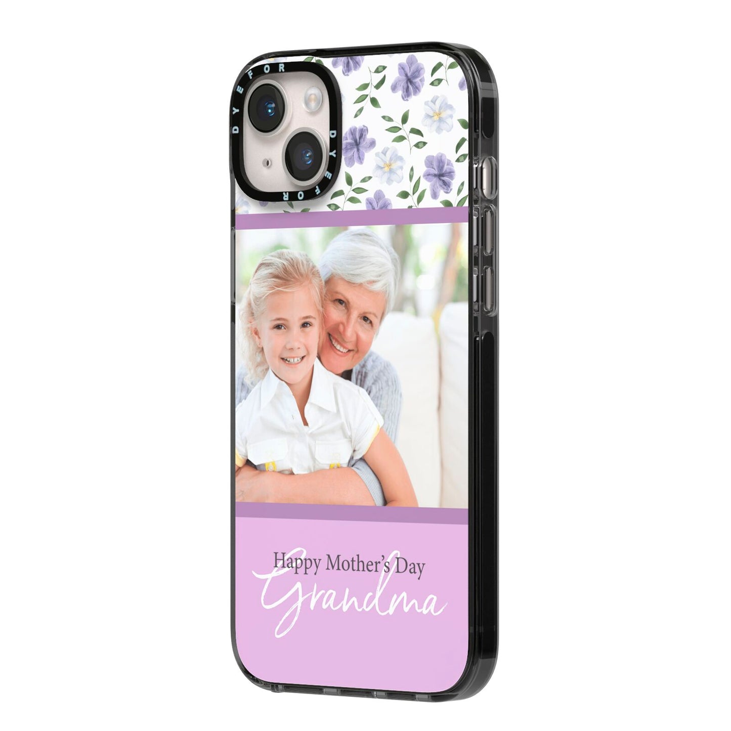 Personalised Grandma Mother s Day iPhone 14 Plus Black Impact Case Side Angle on Silver phone