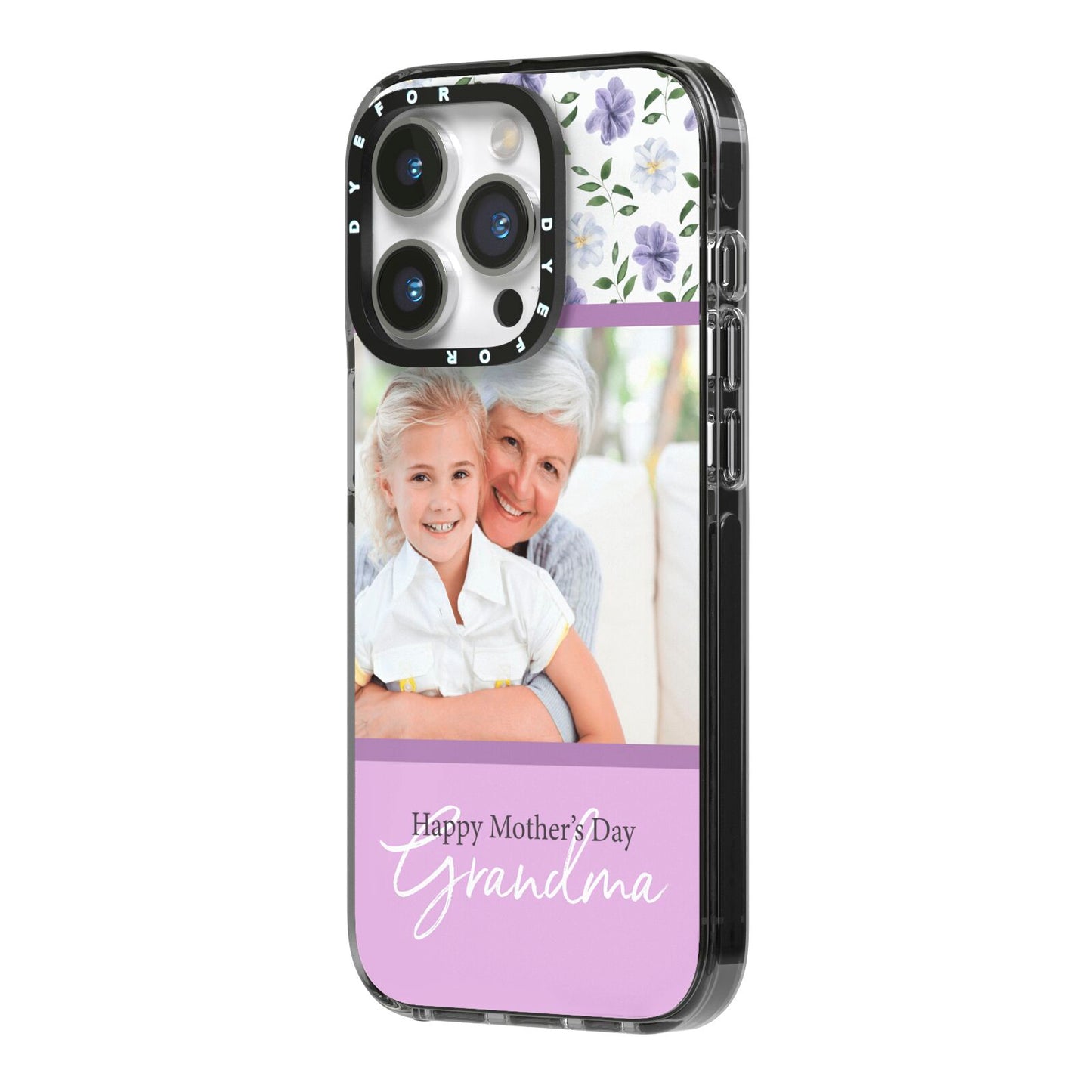 Personalised Grandma Mother s Day iPhone 14 Pro Black Impact Case Side Angle on Silver phone