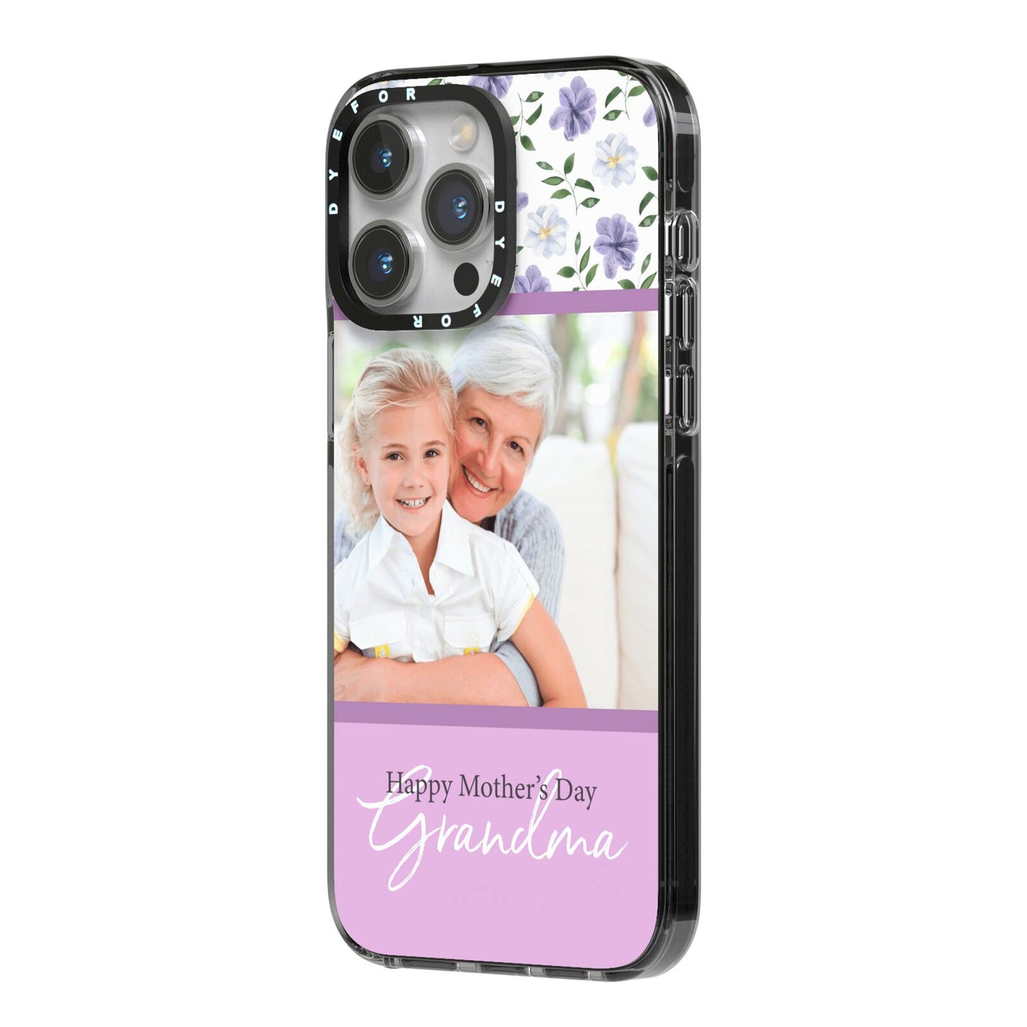 Personalised Grandma Mother s Day iPhone 14 Pro Max Black Impact Case Side Angle on Silver phone