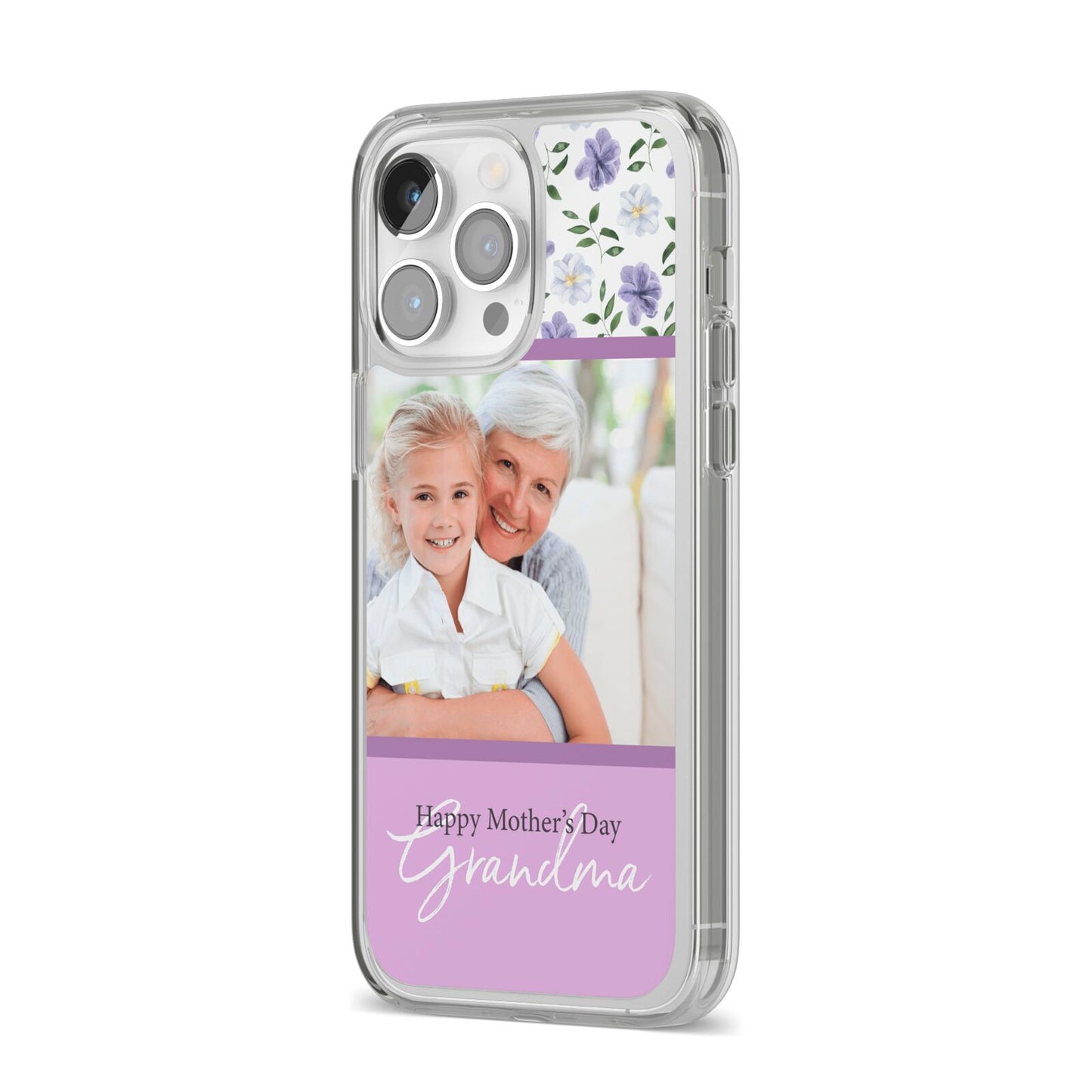 Personalised Grandma Mother s Day iPhone 14 Pro Max Clear Tough Case Silver Angled Image