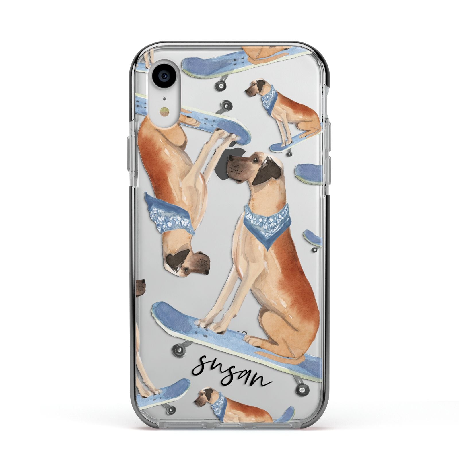 Personalised Great Dane Apple iPhone XR Impact Case Black Edge on Silver Phone