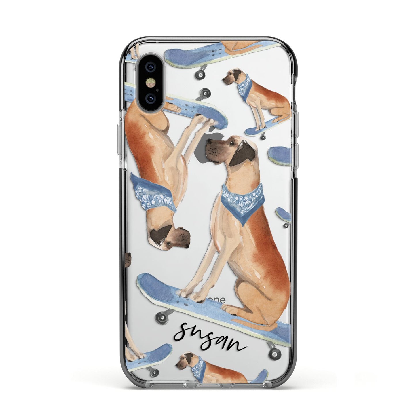 Personalised Great Dane Apple iPhone Xs Impact Case Black Edge on Silver Phone