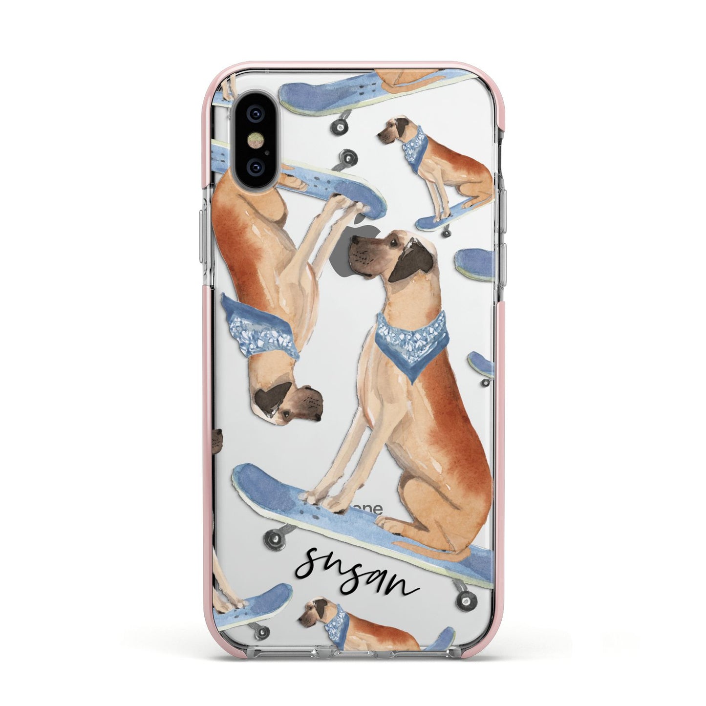 Personalised Great Dane Apple iPhone Xs Impact Case Pink Edge on Silver Phone
