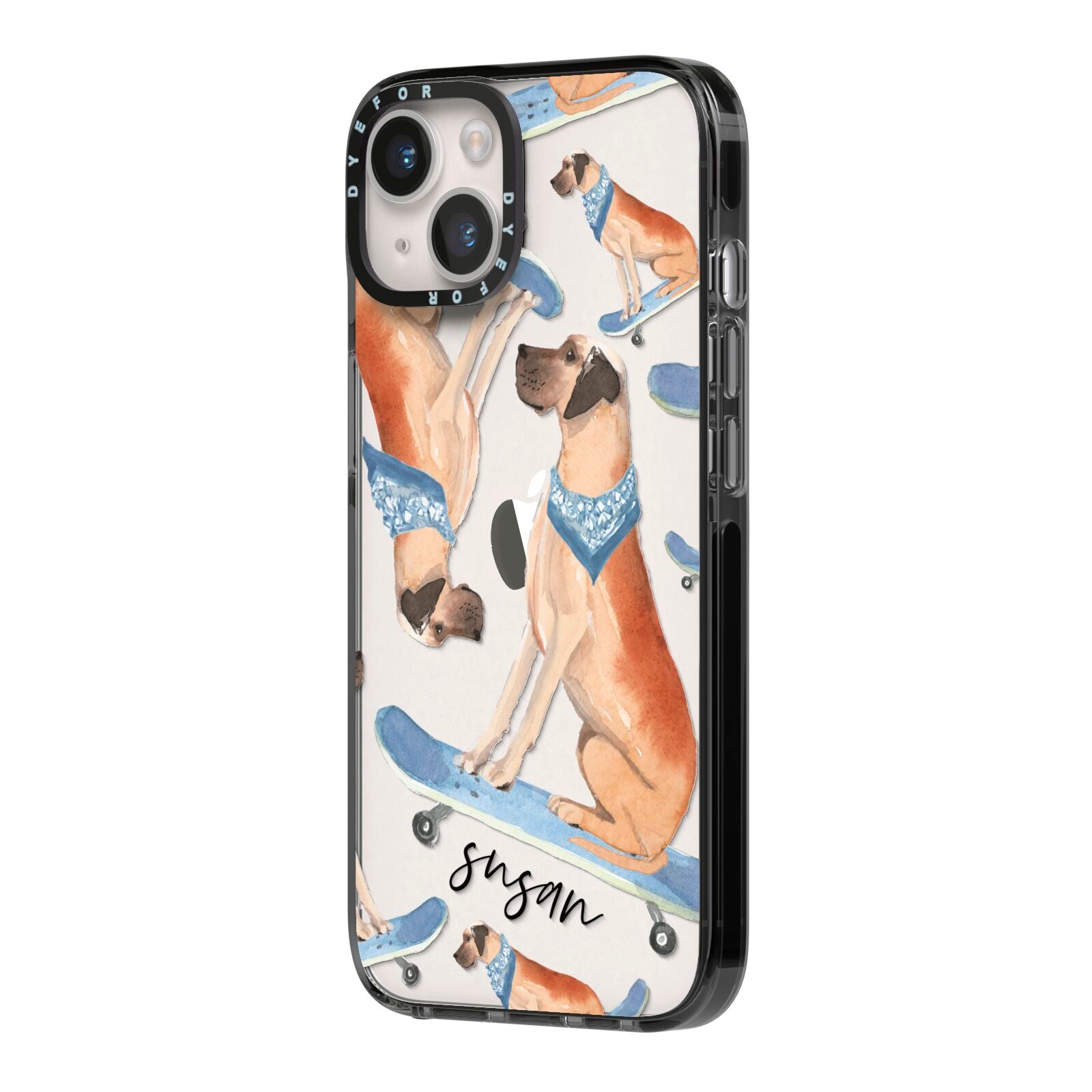 Personalised Great Dane iPhone 14 Black Impact Case Side Angle on Silver phone