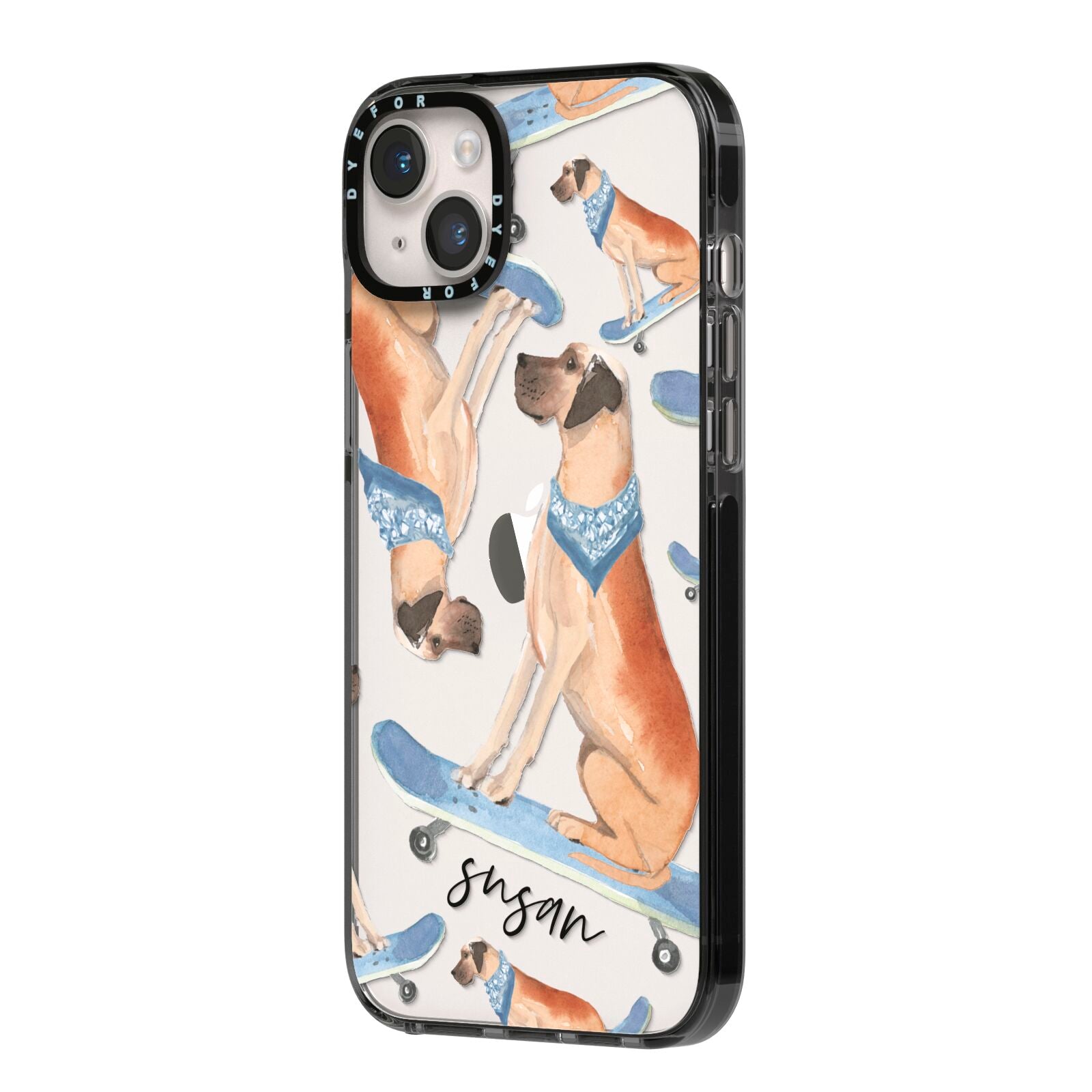Personalised Great Dane iPhone 14 Plus Black Impact Case Side Angle on Silver phone