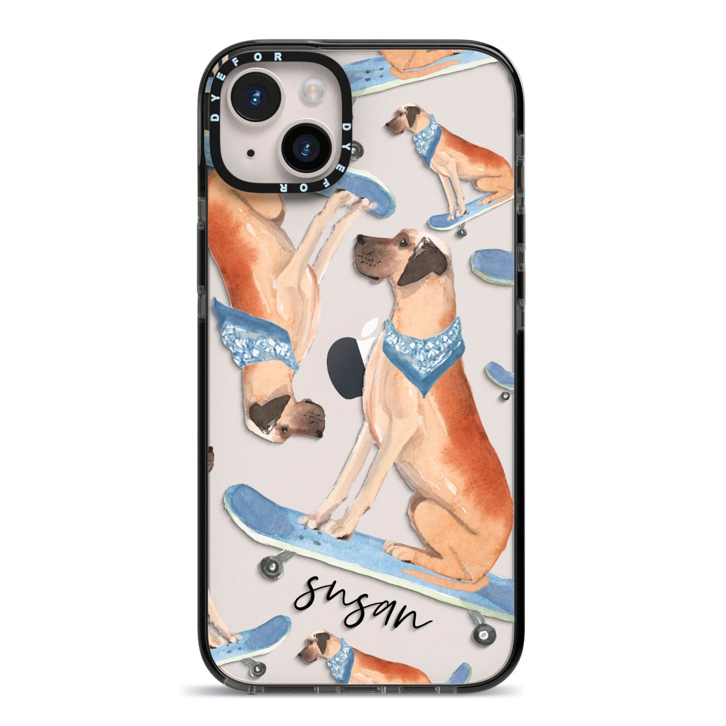 Personalised Great Dane iPhone 14 Plus Black Impact Case on Silver phone