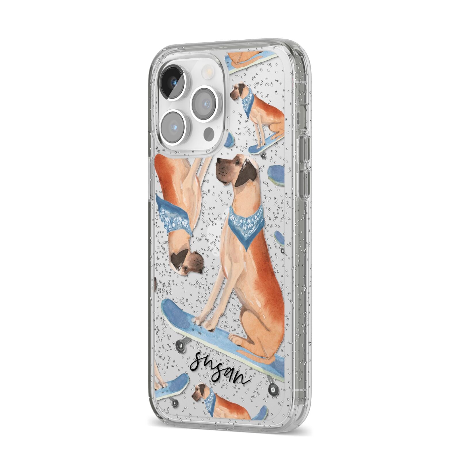 Personalised Great Dane iPhone 14 Pro Max Glitter Tough Case Silver Angled Image