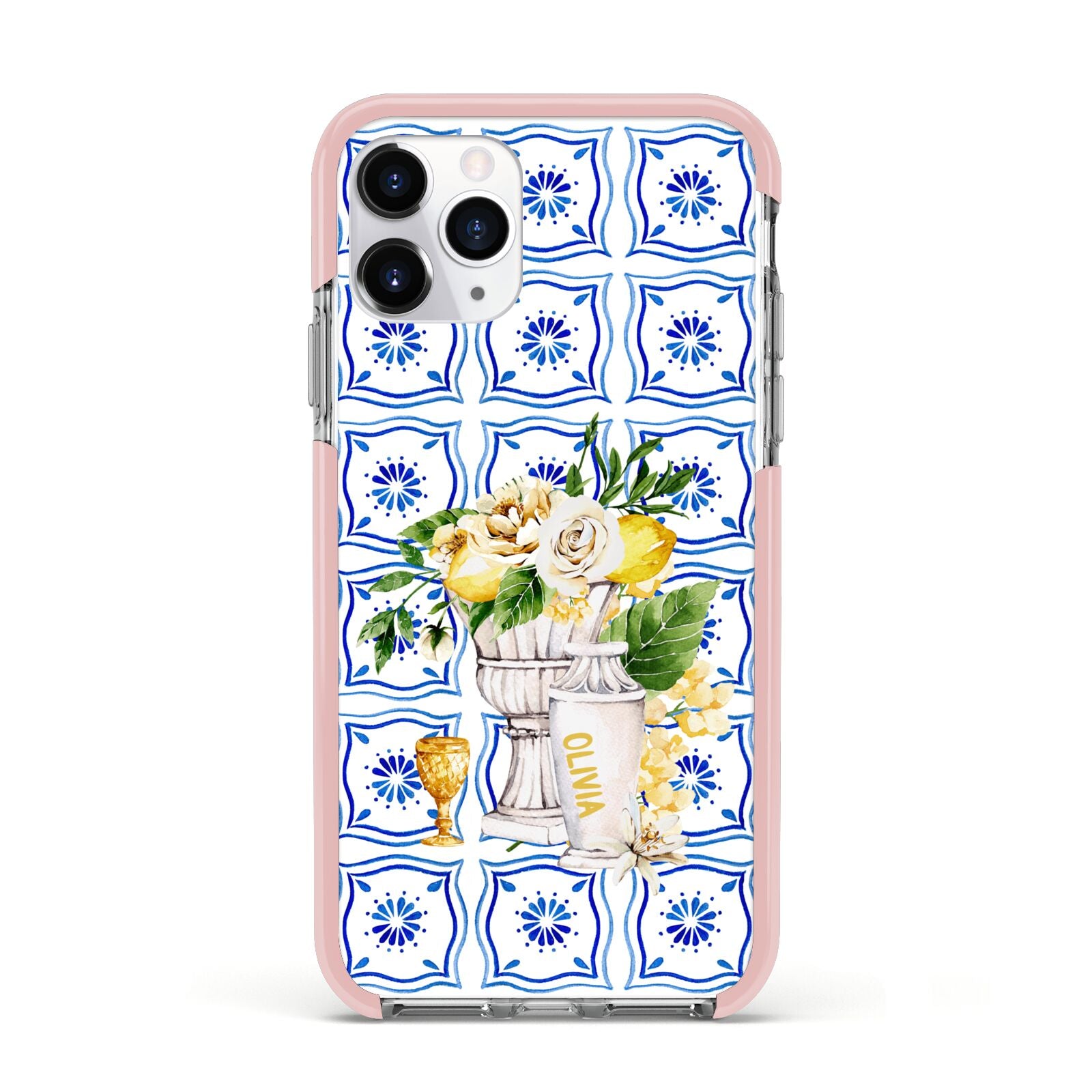 Personalised Greek Tiles Apple iPhone 11 Pro in Silver with Pink Impact Case